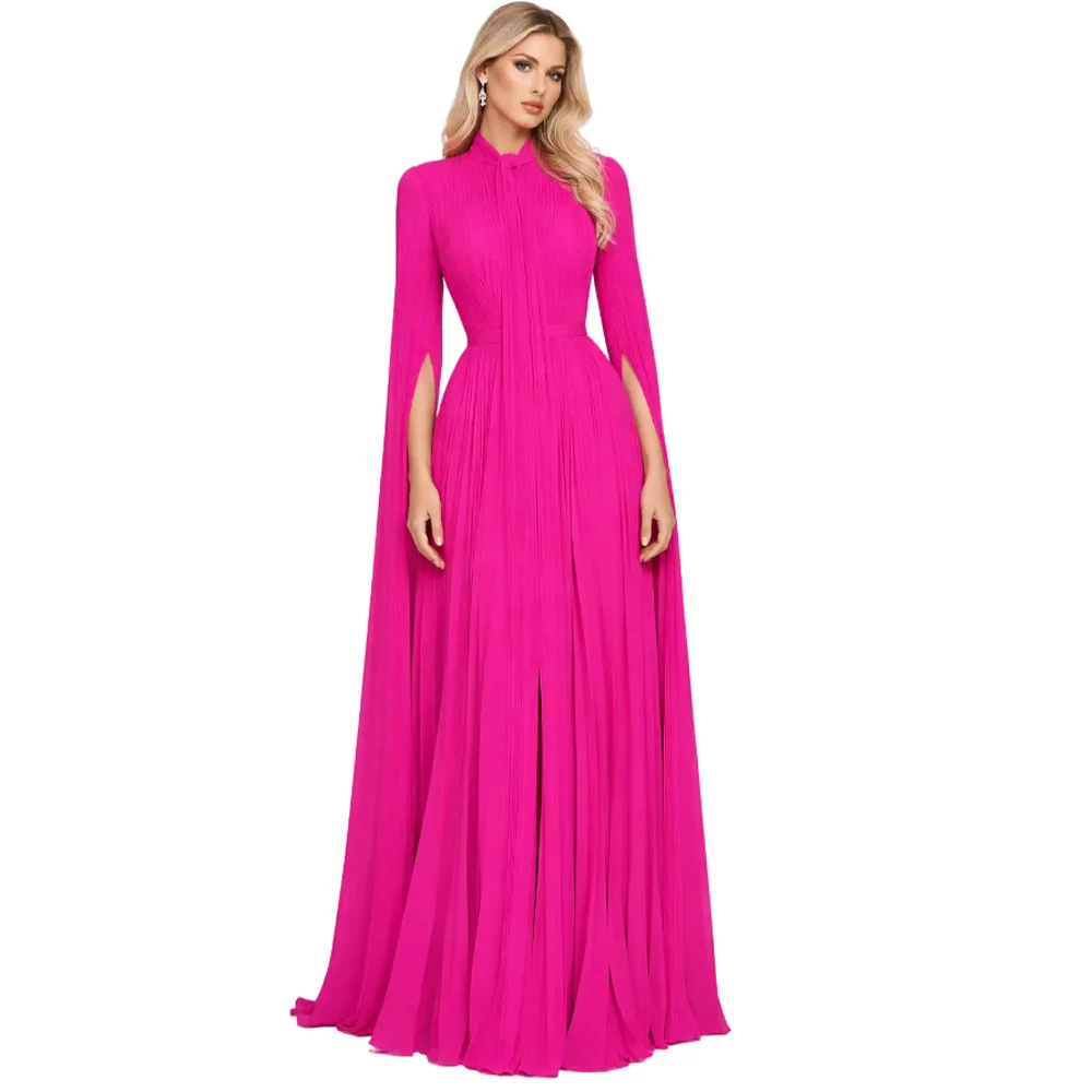 Arabic Fuchsia Evening Dresses Long Sleeves Pleat Chiffon A-Line Prom Gowns Elegant Women's Wedding Guest Gown Customized
Arabic Fuchsia Evening Dresses Long Sleeves Pleat Chiffon A-Line Prom Gowns Elegant Women's Wedding Guest Gown Customized