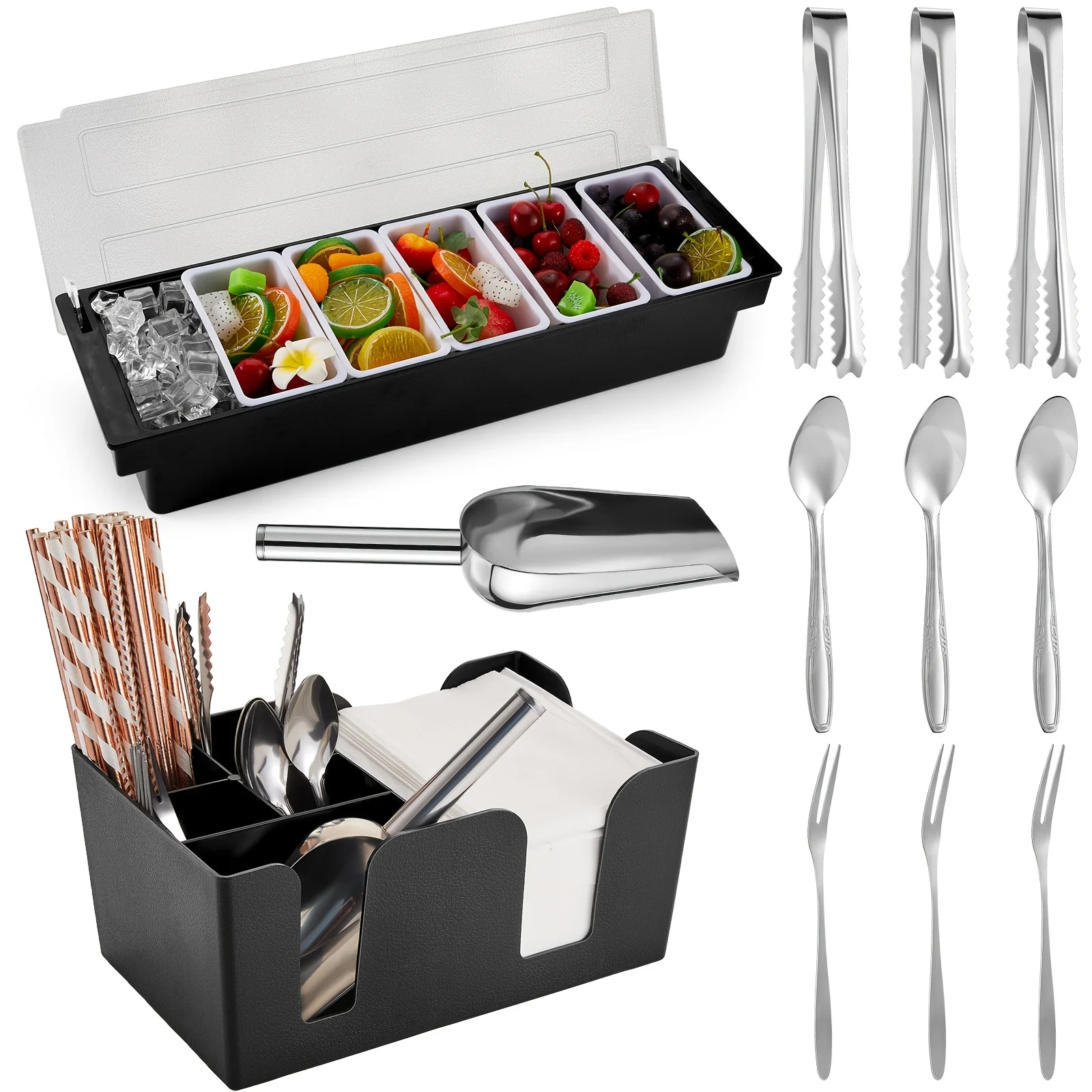 Garnish Tray with Lid Bar Caddy Ice Cooled Condiment Serving Container with Stainless Steel Ice Scoop 3 Metal Mini Serving Tongs 3 Fruit Fork 3 Spoons for Food Home Party Kitchen
Garnish Tray with Lid Bar Caddy Ice Cooled Condiment Serving Container with Stainless Steel Ice Scoop 3 Metal Mini Serving Tongs 3 Fruit Fork 3 Spoons for Food Home Party Kitchen