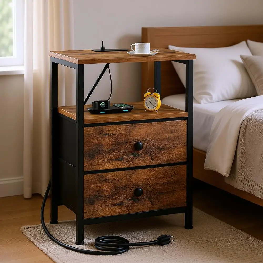 Nightstand with Charging Station, End Table with 2 Fabric Drawers, Small Bedside Table with USB Ports and Outlets, Brown
Nightstand with Charging Station, End Table with 2 Fabric Drawers, Small Bedside Table with USB Ports and Outlets, Brown