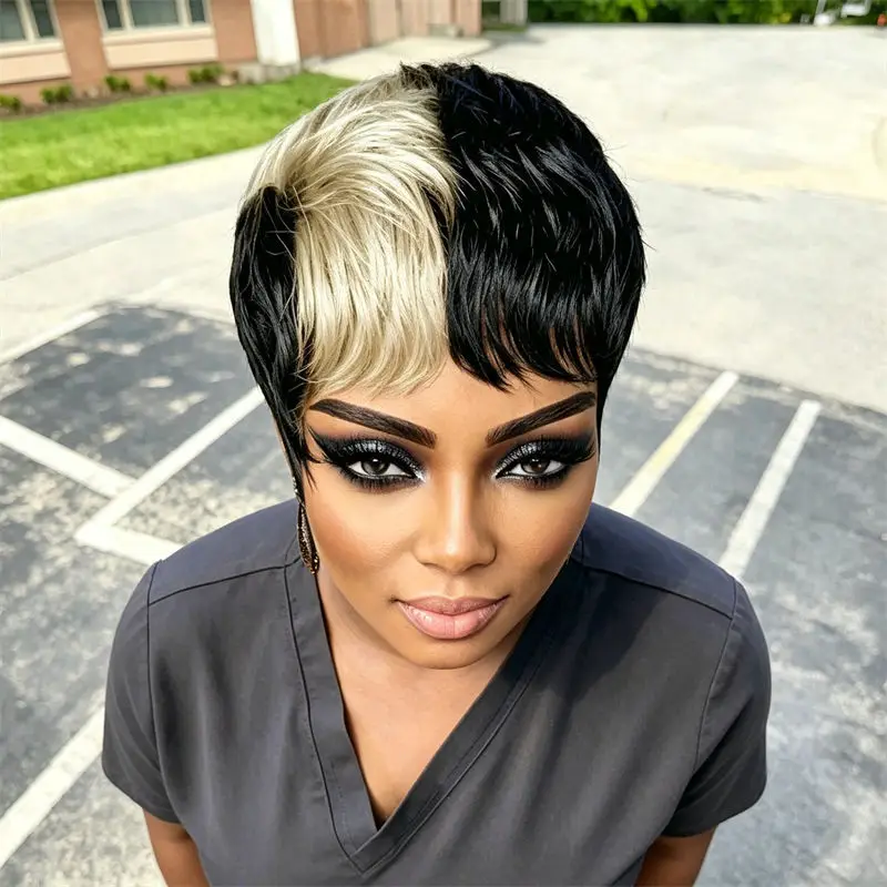 Short Pixie Cut Human Hair Wig Black Blonde Split Dye Full Machine Made With Bangs Breathable For Women Festival Pary Daily Use
Short Pixie Cut Human Hair Wig Black Blonde Split Dye Full Machine Made With Bangs Breathable For Women Festival Pary Daily Use