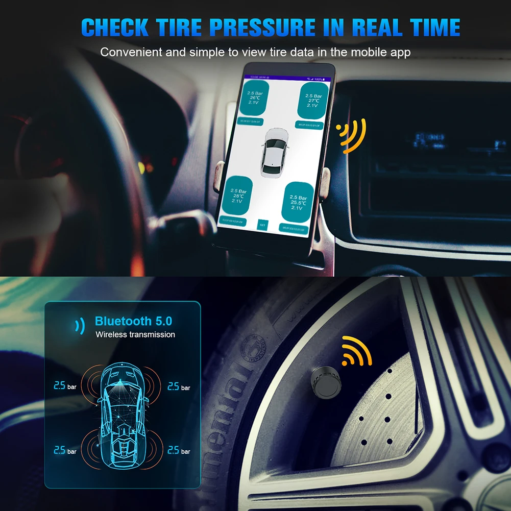 Tyre Pressure Alarm Sensor Bluetooth-compatible Auto Motorcycle Tire Pressure Detection Mobile Phone Display
Tyre Pressure Alarm Sensor Bluetooth-compatible Auto Motorcycle Tire Pressure Detection Mobile Phone Display