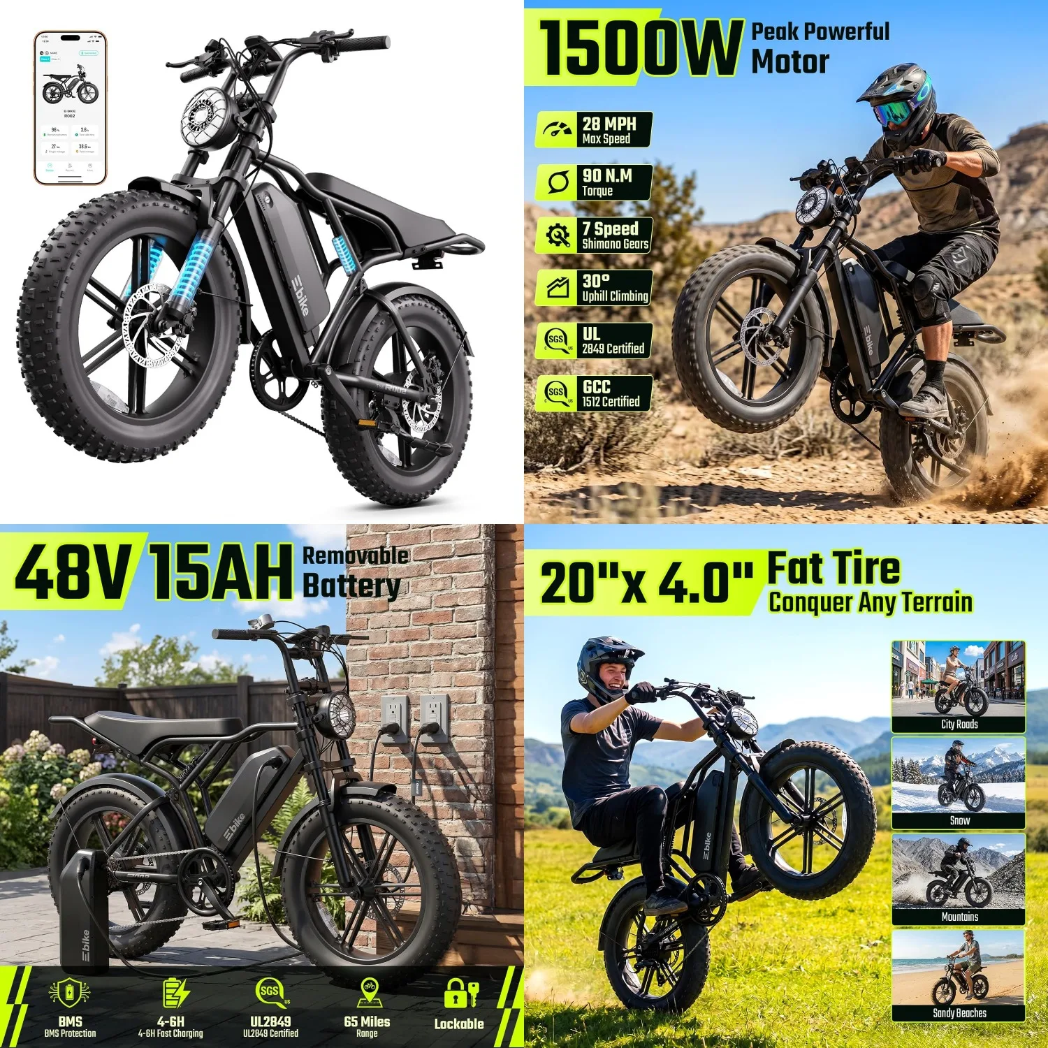 1500W Peak Motor Electric Bike 20"x4" Fat Tire 48V 15Ah Battery Dual Suspension Disc Brake LCD APP Off-Road, Customized
1500W Peak Motor Electric Bike 20"x4" Fat Tire 48V 15Ah Battery Dual Suspension Disc Brake LCD APP Off-Road, Customized