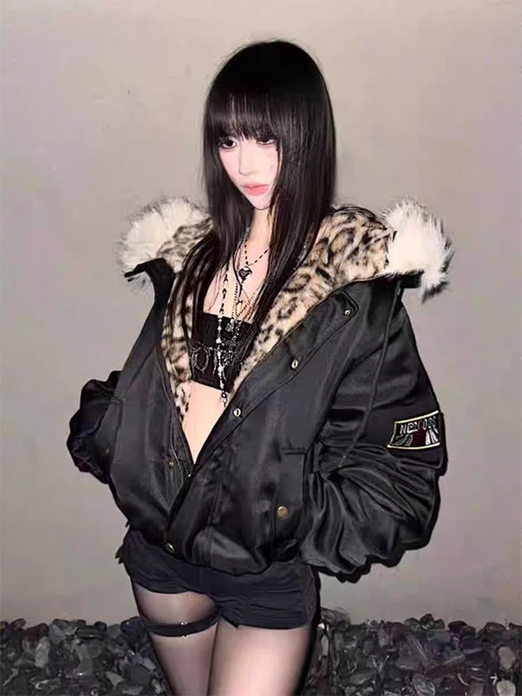 American Style Street Leopard Print Fur Collar Hooded Cotton Jacket Women Winter Interlined Thickened Warm Black Cotton Coat
American Style Street Leopard Print Fur Collar Hooded Cotton Jacket Women Winter Interlined Thickened Warm Black Cotton Coat