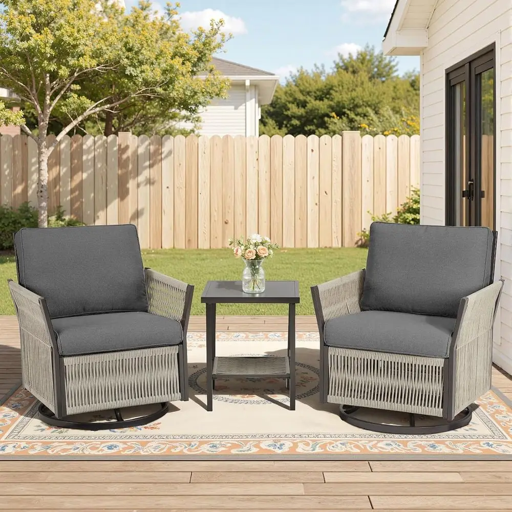 3-Piece Outdoor/Indoor Wicker Patio Set with Swivel Rocker Chairs and Side Table - Grey
3-Piece Outdoor/Indoor Wicker Patio Set with Swivel Rocker Chairs and Side Table - Grey