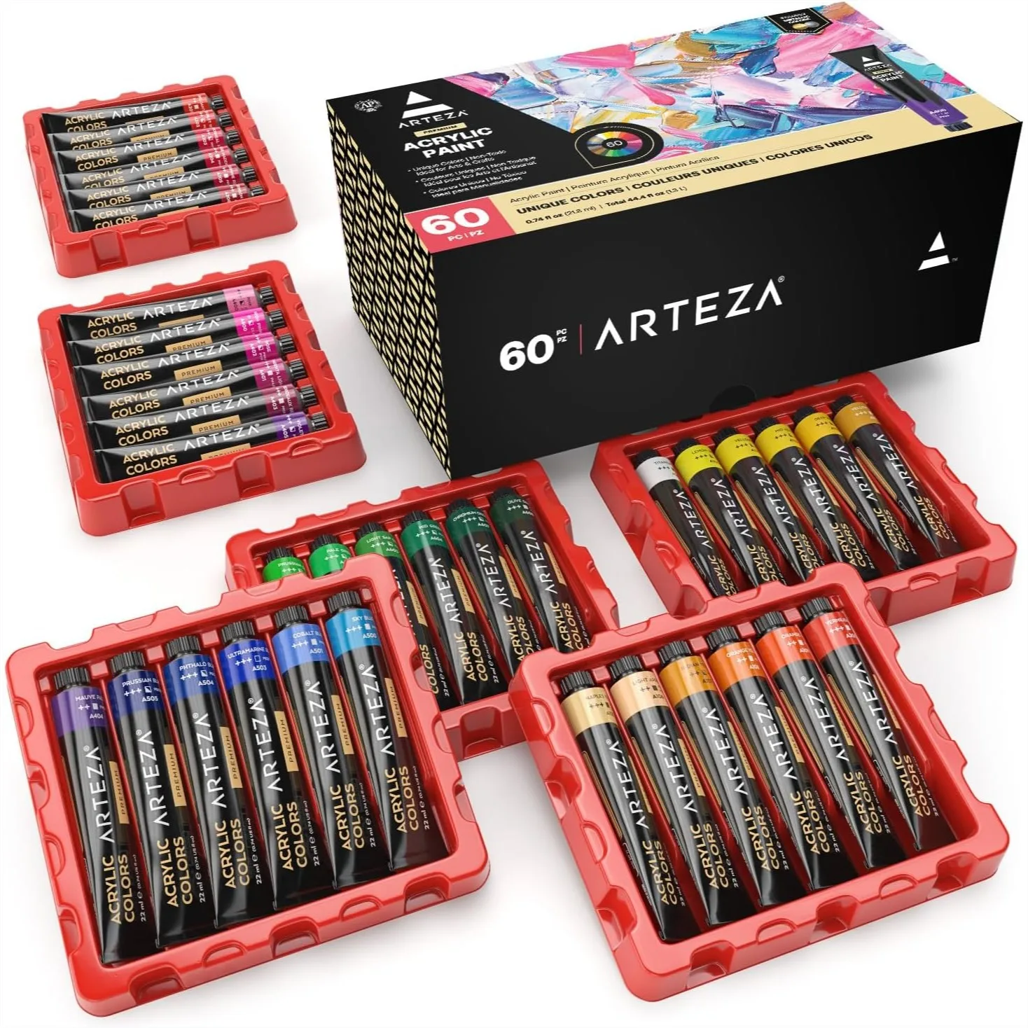 Acrylic Paint Set, 60 Colors 22ml Tubes, High-Viscosity with 5 Metallics for Canvas, Wood, Paper, Mixed Media, Blending
Acrylic Paint Set, 60 Colors 22ml Tubes, High-Viscosity with 5 Metallics for Canvas, Wood, Paper, Mixed Media, Blending