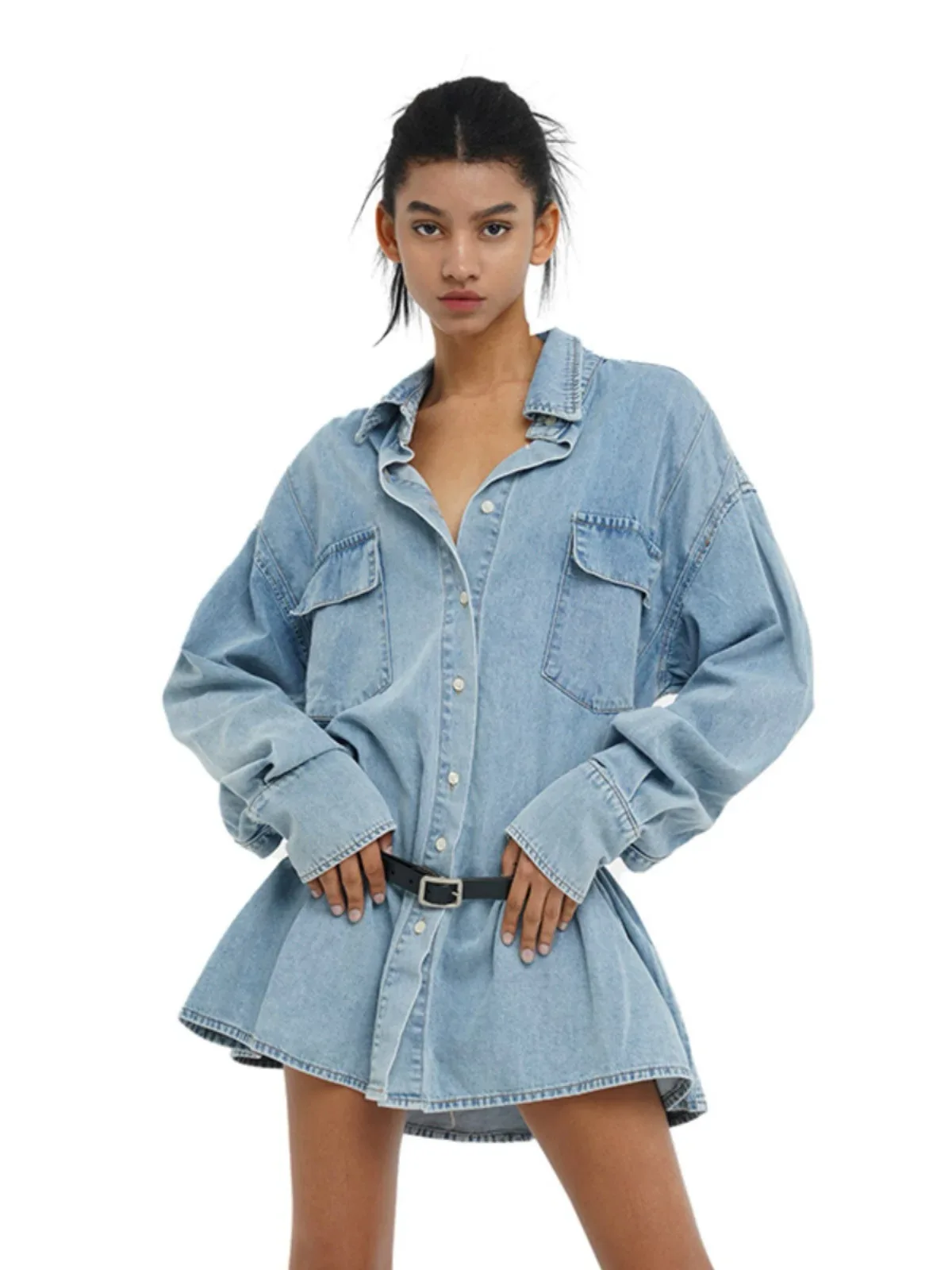 Blue Distressed Denim Waist-Defining Shirt Dress for Women Early Autumn New Arrival: Slimming Long-Sleeve Shirt Dress
Blue Distressed Denim Waist-Defining Shirt Dress for Women Early Autumn New Arrival: Slimming Long-Sleeve Shirt Dress