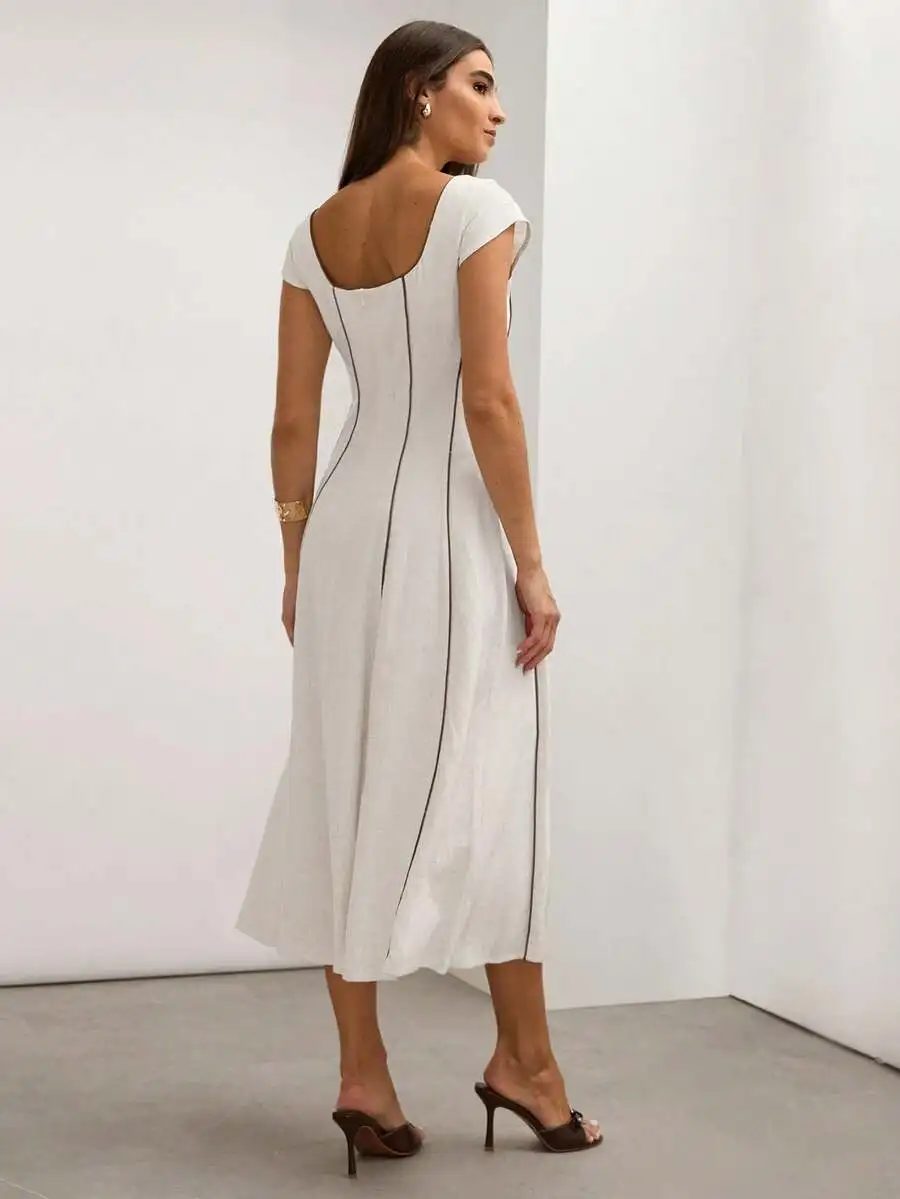 Cream Linen Blend A-Line Elegant Dress With Square Back Neckline For Women Spring Autumn
Cream Linen Blend A-Line Elegant Dress With Square Back Neckline For Women Spring Autumn