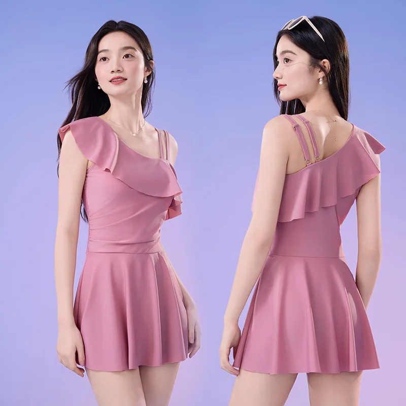 Sleeveless One Shoulder Swimwear Women Monochrome Solid Swimsuit With Swim Skirt One-piece Bathing Suit Flounce Swimming Suit
Sleeveless One Shoulder Swimwear Women Monochrome Solid Swimsuit With Swim Skirt One-piece Bathing Suit Flounce Swimming Suit