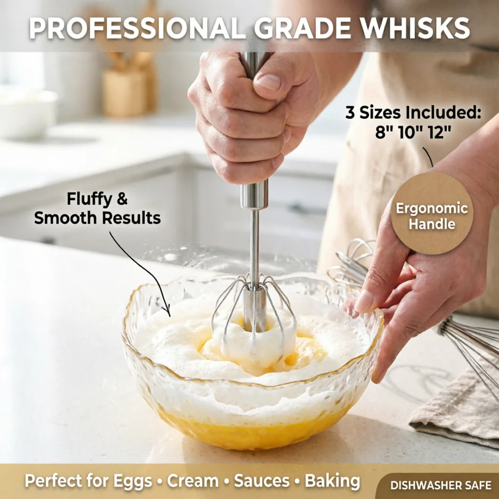 Stainless Steel Whisk Set 3-Pack - Professional Balloon Whisk for Whipping Eggs, Cream, Sauces | Ergonomic Handle | Dishwasher
Stainless Steel Whisk Set 3-Pack - Professional Balloon Whisk for Whipping Eggs, Cream, Sauces | Ergonomic Handle | Dishwasher