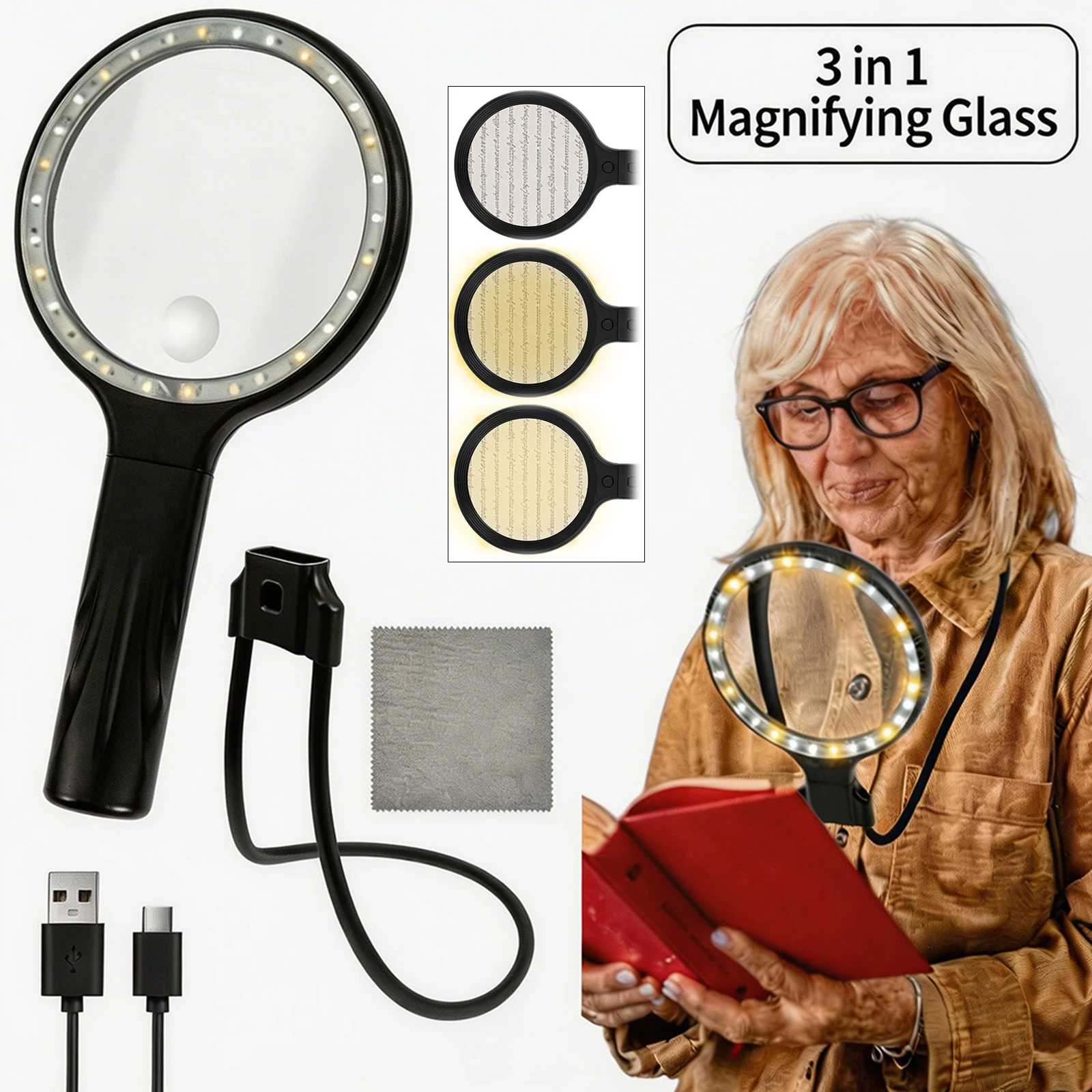 3 IN 1 Magnifying Glass with Adjustable Light Handheld Neck Wear Reading Magnifier For Seniors Sewing Crafting Close Work
3 IN 1 Magnifying Glass with Adjustable Light Handheld Neck Wear Reading Magnifier For Seniors Sewing Crafting Close Work