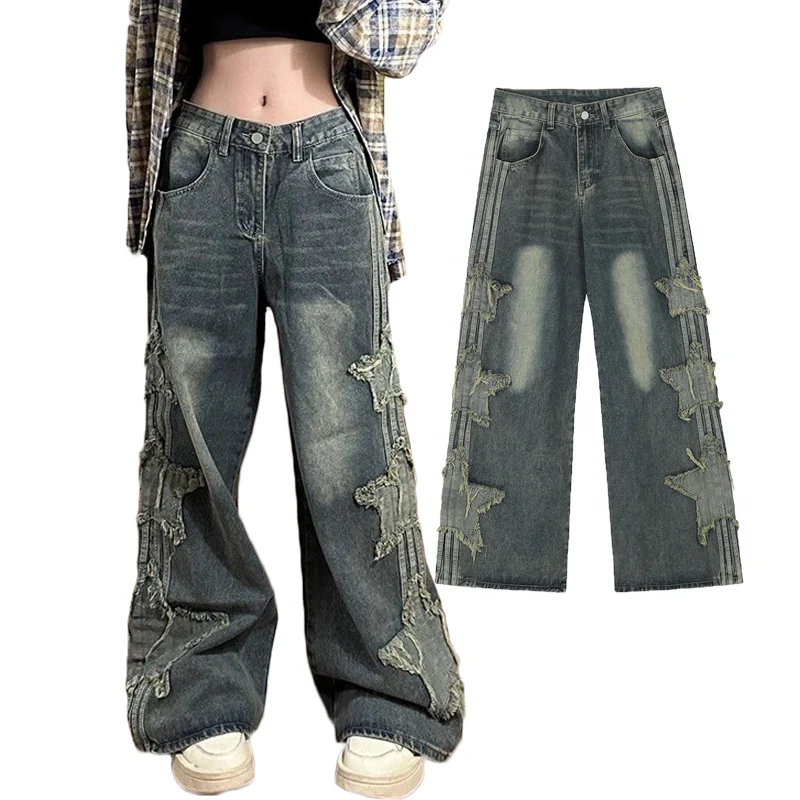 Female Streetwear Jeans Vintage Casual Wide-Leg Denim Pants Spring Autumn Harajuku Korean High Street Star Embroidery Pants
Female Streetwear Jeans Vintage Casual Wide-Leg Denim Pants Spring Autumn Harajuku Korean High Street Star Embroidery Pants