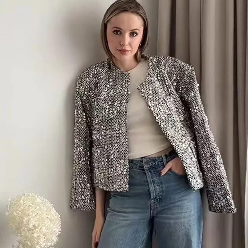 Fashion Silver Sequin O Neck Jacket Women Button Long Sleeve Pockets Cardigan Elegant Coat Autumn Casual Loose Blazer Outwear
Fashion Silver Sequin O Neck Jacket Women Button Long Sleeve Pockets Cardigan Elegant Coat Autumn Casual Loose Blazer Outwear