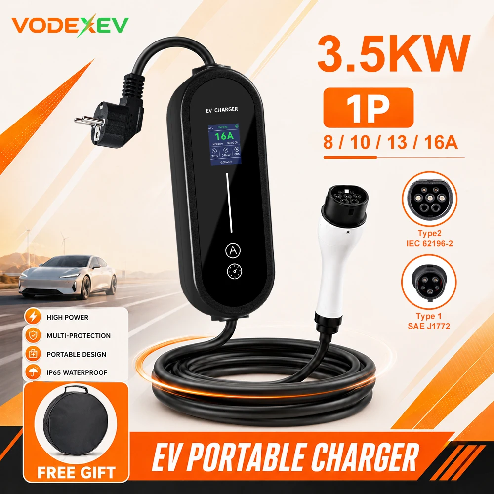 VODEXEV 16A Type1 Type2 Portable EV Charger 1Phase Adjustable Current Schuko Plug Electric Car Charging Cable
VODEXEV 16A Type1 Type2 Portable EV Charger 1Phase Adjustable Current Schuko Plug Electric Car Charging Cable