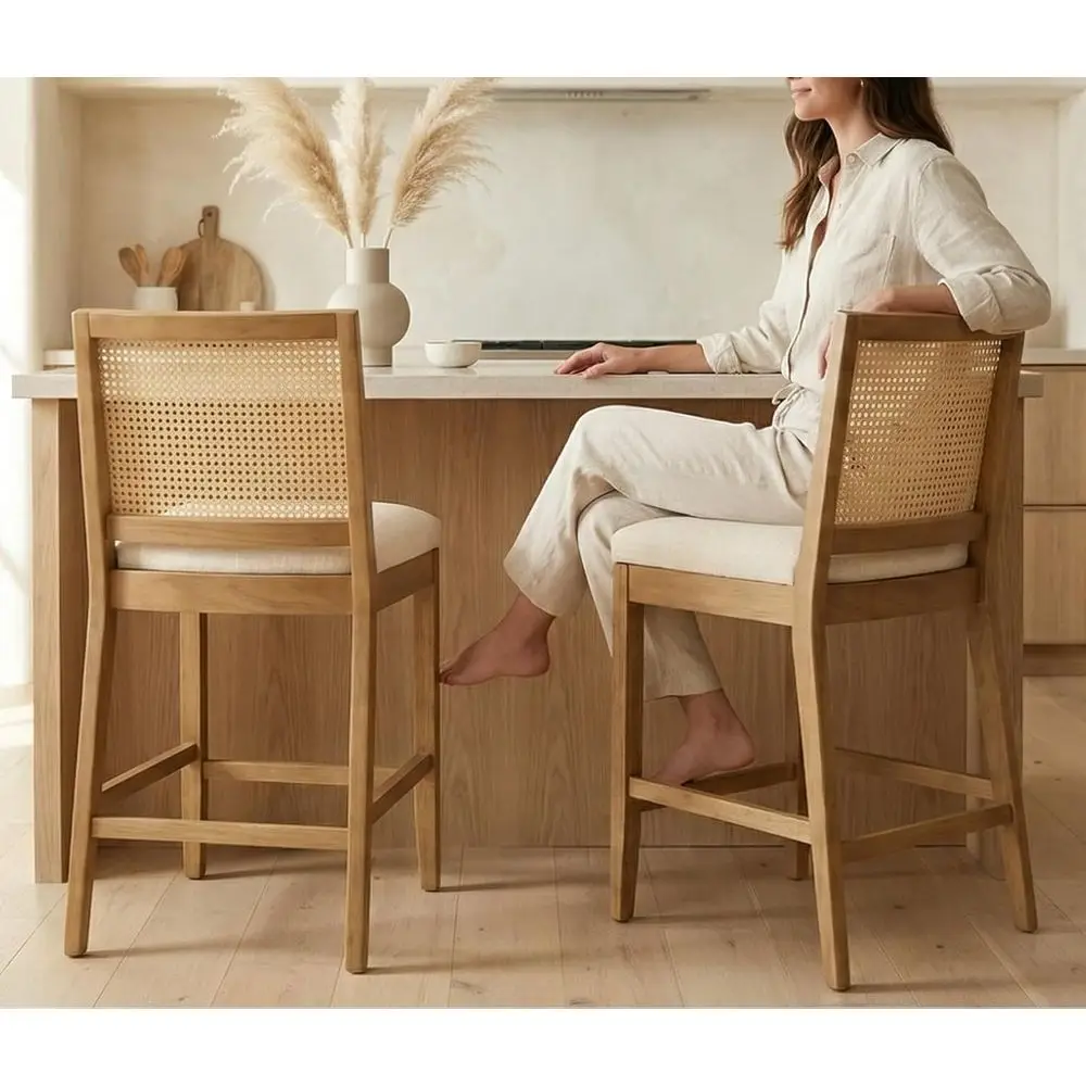 Set of 2 Rattan Bar Stools with Linen Upholstery, Natural Wood Legs, Beige
Set of 2 Rattan Bar Stools with Linen Upholstery, Natural Wood Legs, Beige