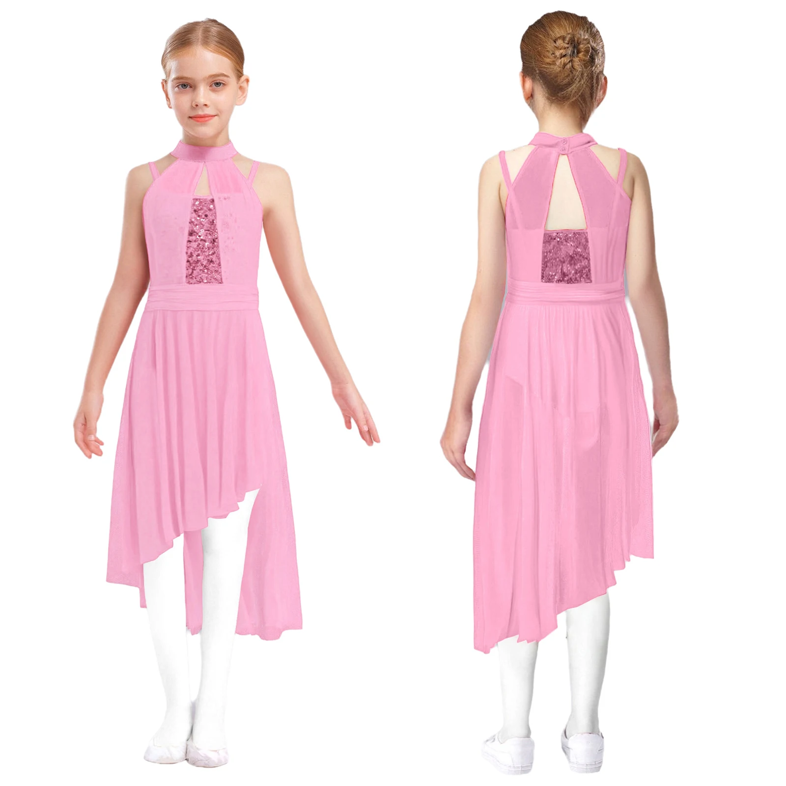 Girls Ballet Dance Dress Lyrical Dance Performance Costume Sleeveless Shiny Sequins Bodice Asymmetrical Cutout Sheer Mesh Dress
Girls Ballet Dance Dress Lyrical Dance Performance Costume Sleeveless Shiny Sequins Bodice Asymmetrical Cutout Sheer Mesh Dress