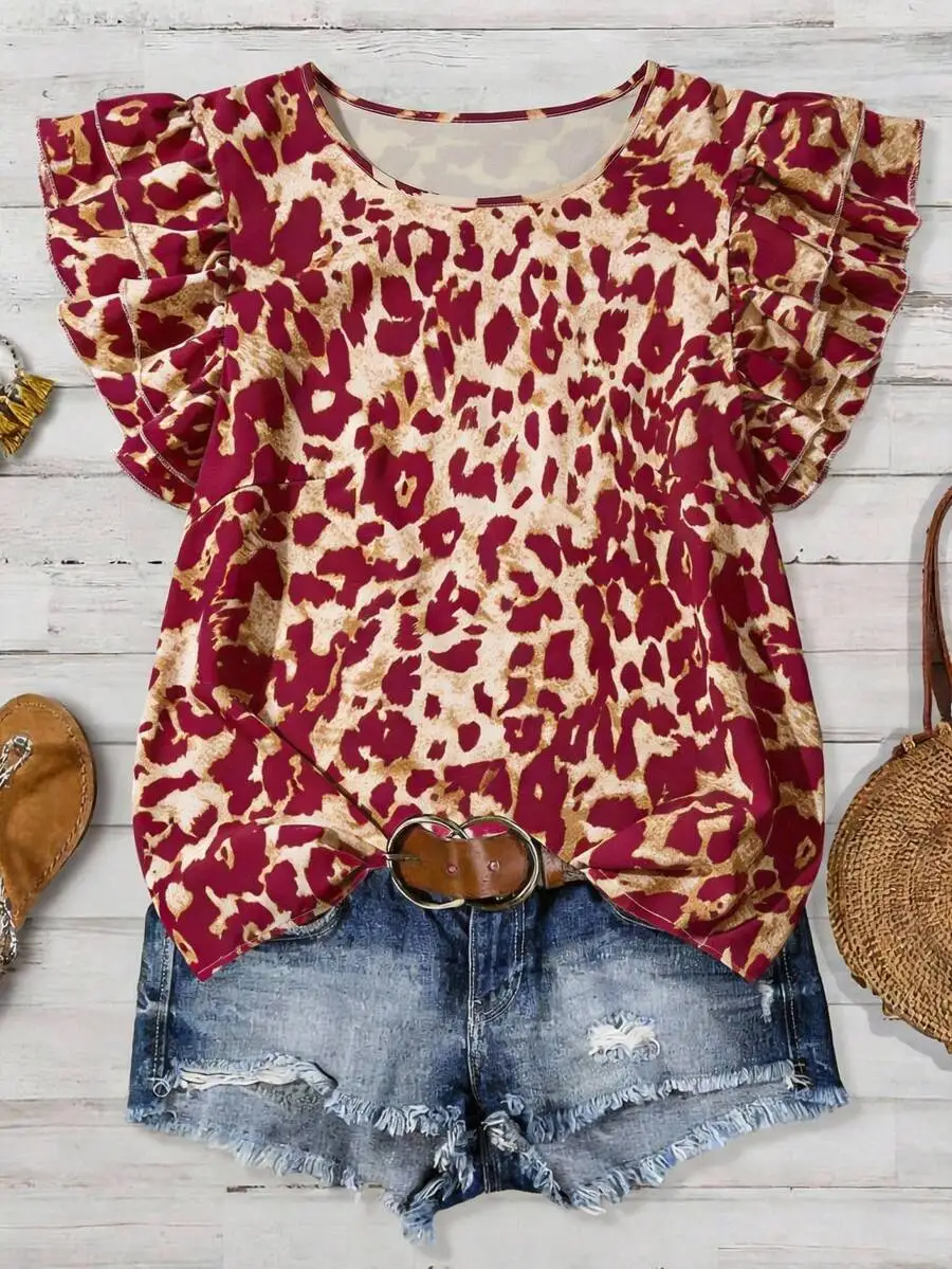 Leopard Print Ruffled Sleeve Loose Blouse Round Neck Casual Summer Top For Women
Leopard Print Ruffled Sleeve Loose Blouse Round Neck Casual Summer Top For Women