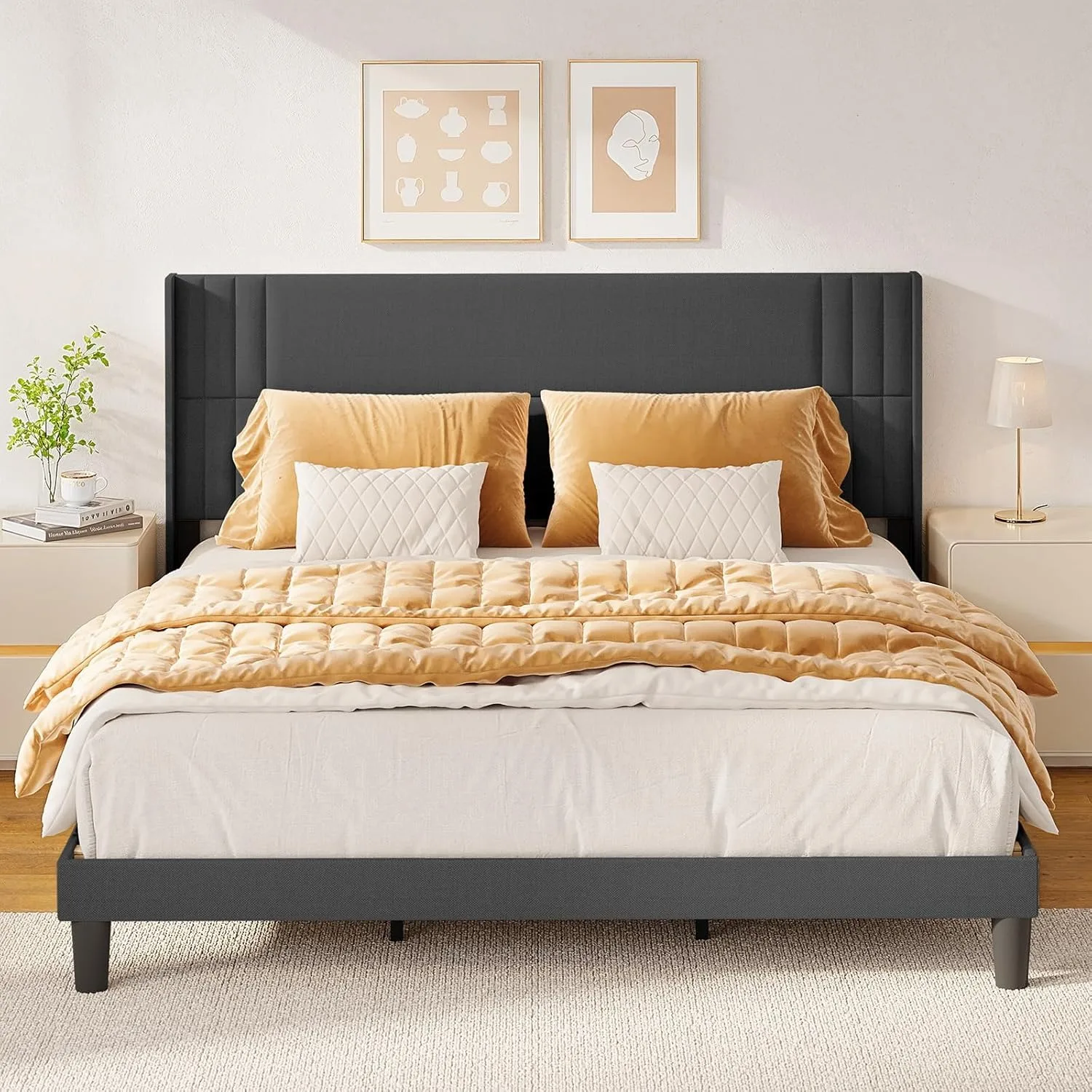 King Bed Frame with Wingback Headboard, Upholstered Platform Bed with Modern Geometric Headboard, No Box Spring Needed
King Bed Frame with Wingback Headboard, Upholstered Platform Bed with Modern Geometric Headboard, No Box Spring Needed
