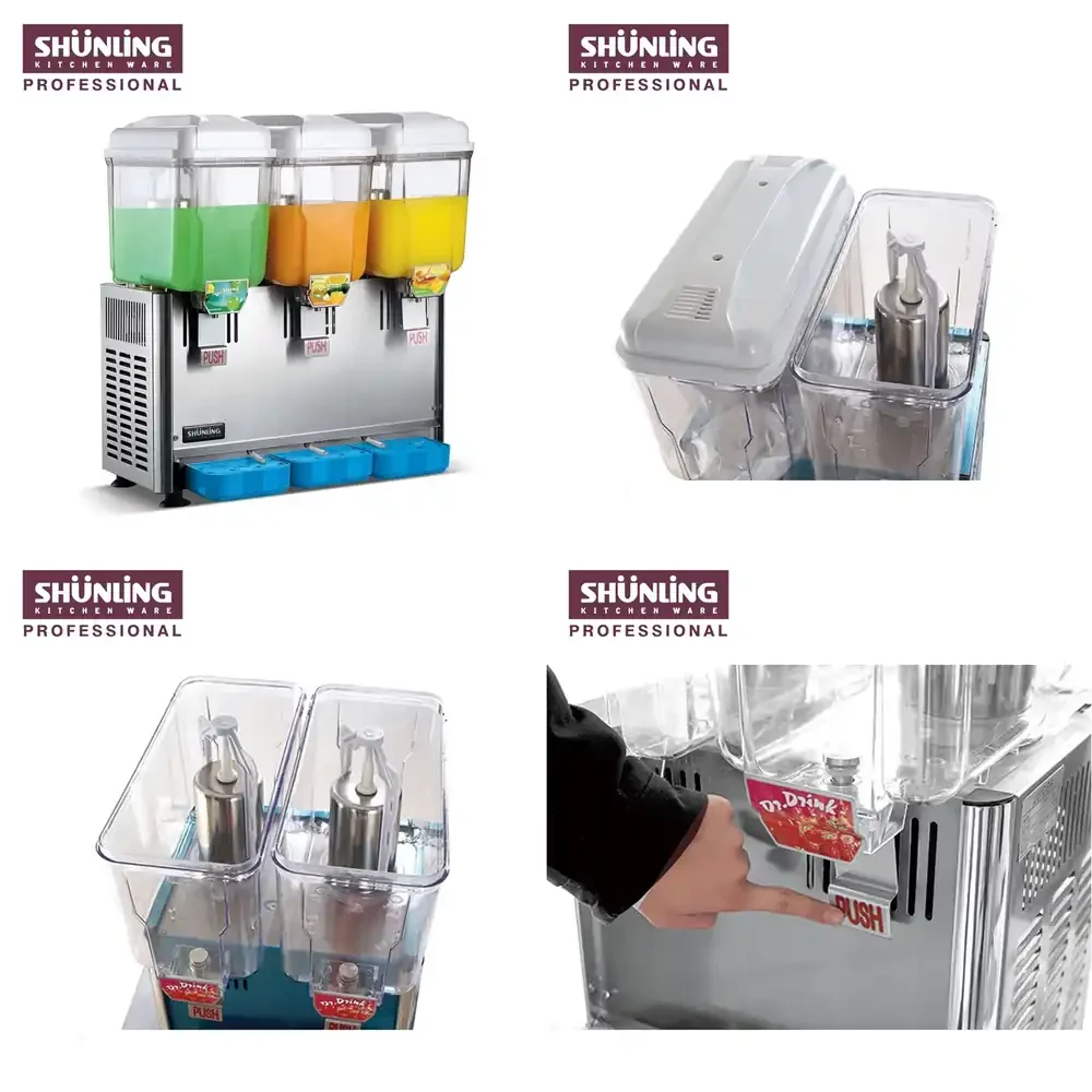Commercial Three Tanks 12L*3 Cold Juice & Beverage Dispenser Machine Shunling SL003-3P 370W Refrigerating Power
Commercial Three Tanks 12L*3 Cold Juice & Beverage Dispenser Machine Shunling SL003-3P 370W Refrigerating Power