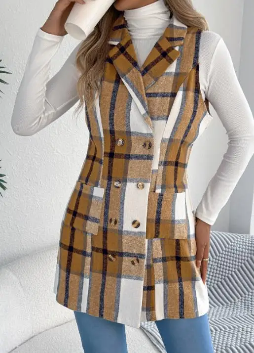Autumn & Winter Grid Double Breasted Pocket Woolen Coat Long Vest Temperament Commuting Women's Sleeveless Casual Blazers
Autumn & Winter Grid Double Breasted Pocket Woolen Coat Long Vest Temperament Commuting Women's Sleeveless Casual Blazers