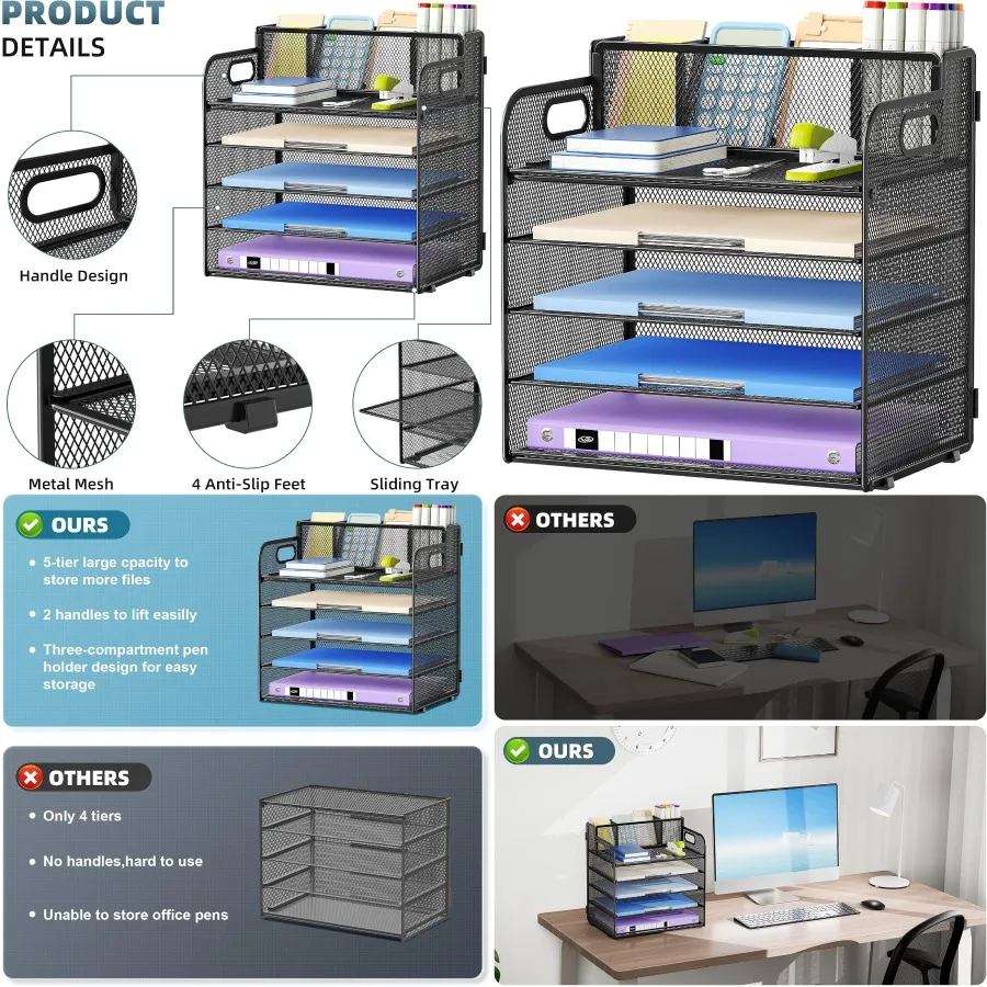 5 Tier Paper Organizer with 3 Pen Holders and Mesh Design for Efficient Desk Storage Portable Handle for Home Office Supplies I
5 Tier Paper Organizer with 3 Pen Holders and Mesh Design for Efficient Desk Storage Portable Handle for Home Office Supplies I