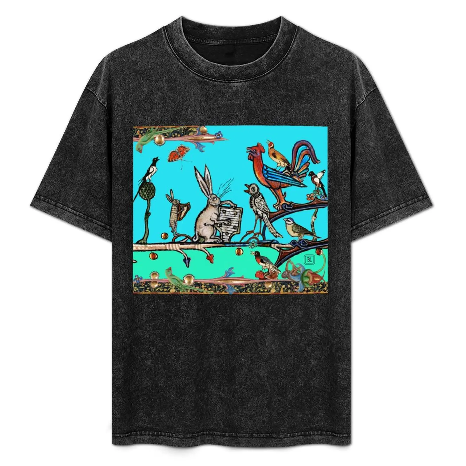 WEIRD MEDIEVAL BESTIARY MORNING MUSIC CONCERT OF RABBITS AND BIRDS IN TEAL BLUE by Bulgan Lumini T-Shirt
WEIRD MEDIEVAL BESTIARY MORNING MUSIC CONCERT OF RABBITS AND BIRDS IN TEAL BLUE by Bulgan Lumini T-Shirt