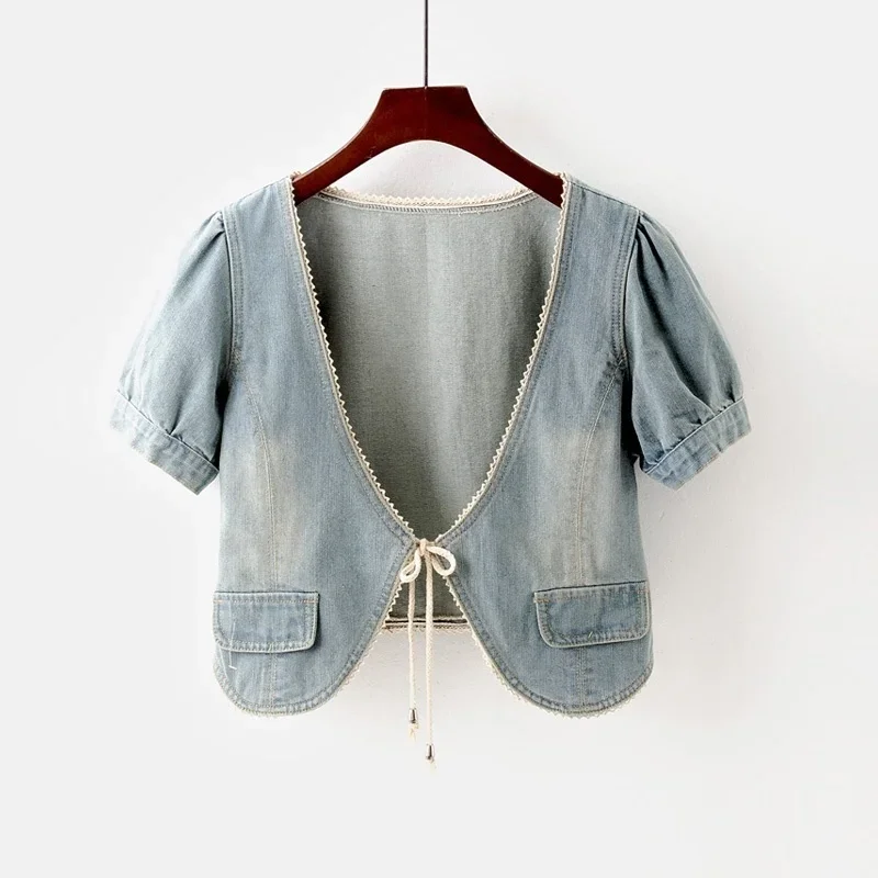 Spring Summer Fashion Short Sleeve Denim Jacket Coat Shawl Cardigan Outerwear Female Slim Lace Up V Neck Short Jeans Jackets
Spring Summer Fashion Short Sleeve Denim Jacket Coat Shawl Cardigan Outerwear Female Slim Lace Up V Neck Short Jeans Jackets