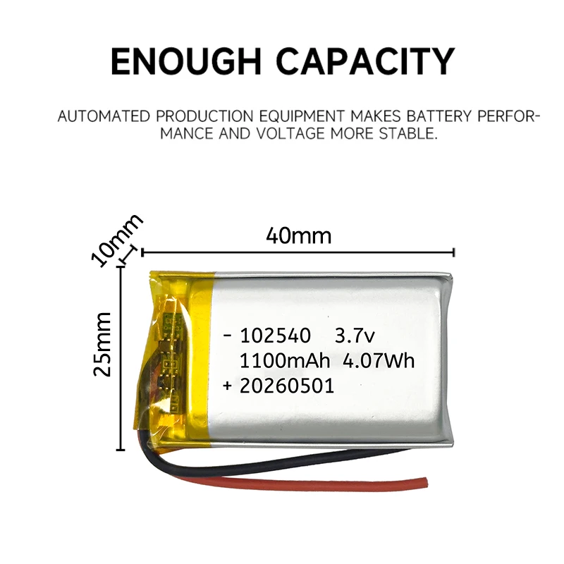 102540 3.7V 1100mAh PH2.0/XH2.54/JST1.25 Lithium Polymer Li-ion Battery for Bluetooth Speaker GPS Dash Cam Camera MP4
102540 3.7V 1100mAh PH2.0/XH2.54/JST1.25 Lithium Polymer Li-ion Battery for Bluetooth Speaker GPS Dash Cam Camera MP4