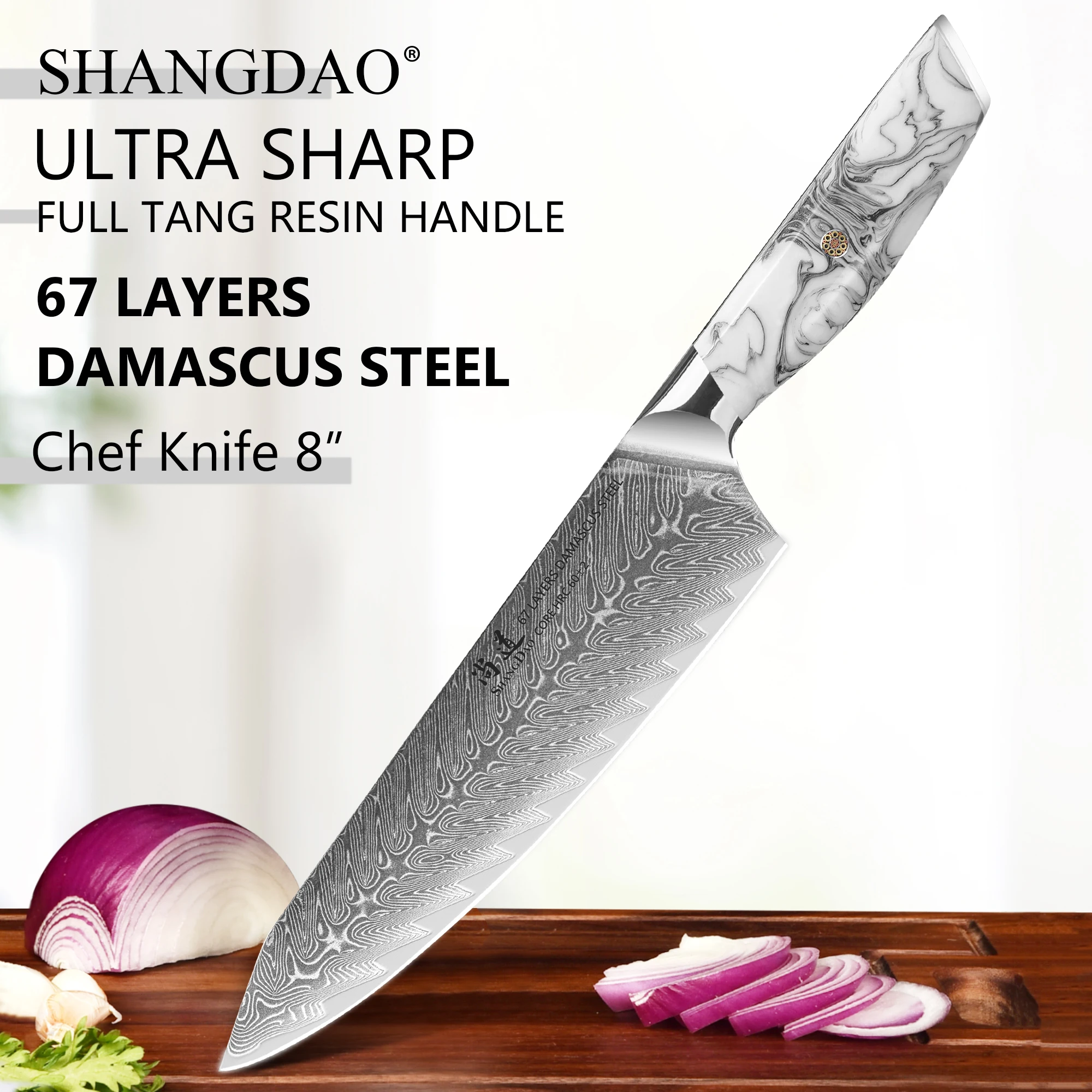 SHANGDAO 8 Inch Damascus Steel Japanese Chef Knife Kitchen Knives ,VG10 Steel Resin Handle Chef Knife with Gift Box
SHANGDAO 8 Inch Damascus Steel Japanese Chef Knife Kitchen Knives ,VG10 Steel Resin Handle Chef Knife with Gift Box