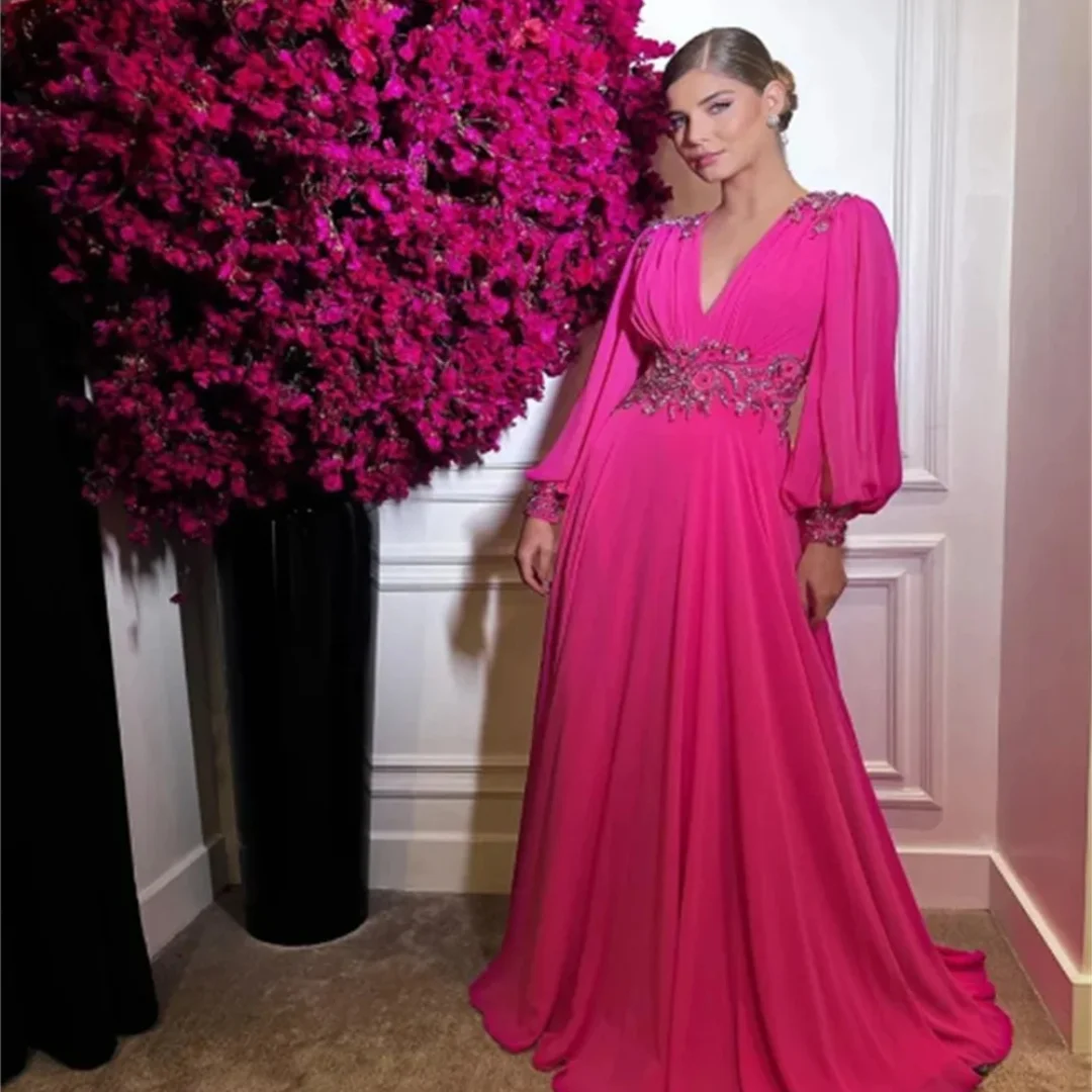 Customized Elegant chiffon evening dress with beaded long sleeves, deep V-neck, charming fluffy sleeves, backless A-line vest
Customized Elegant chiffon evening dress with beaded long sleeves, deep V-neck, charming fluffy sleeves, backless A-line vest