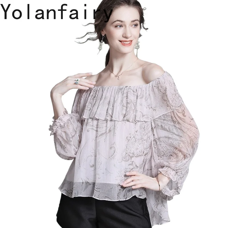 YOLANFAIRY Luxury 100%Real Mulberry Silk Shirts Woman Summer Printed Slash Neck Chic Blouse Elegant Women Top Ruffled Tshirt
YOLANFAIRY Luxury 100%Real Mulberry Silk Shirts Woman Summer Printed Slash Neck Chic Blouse Elegant Women Top Ruffled Tshirt