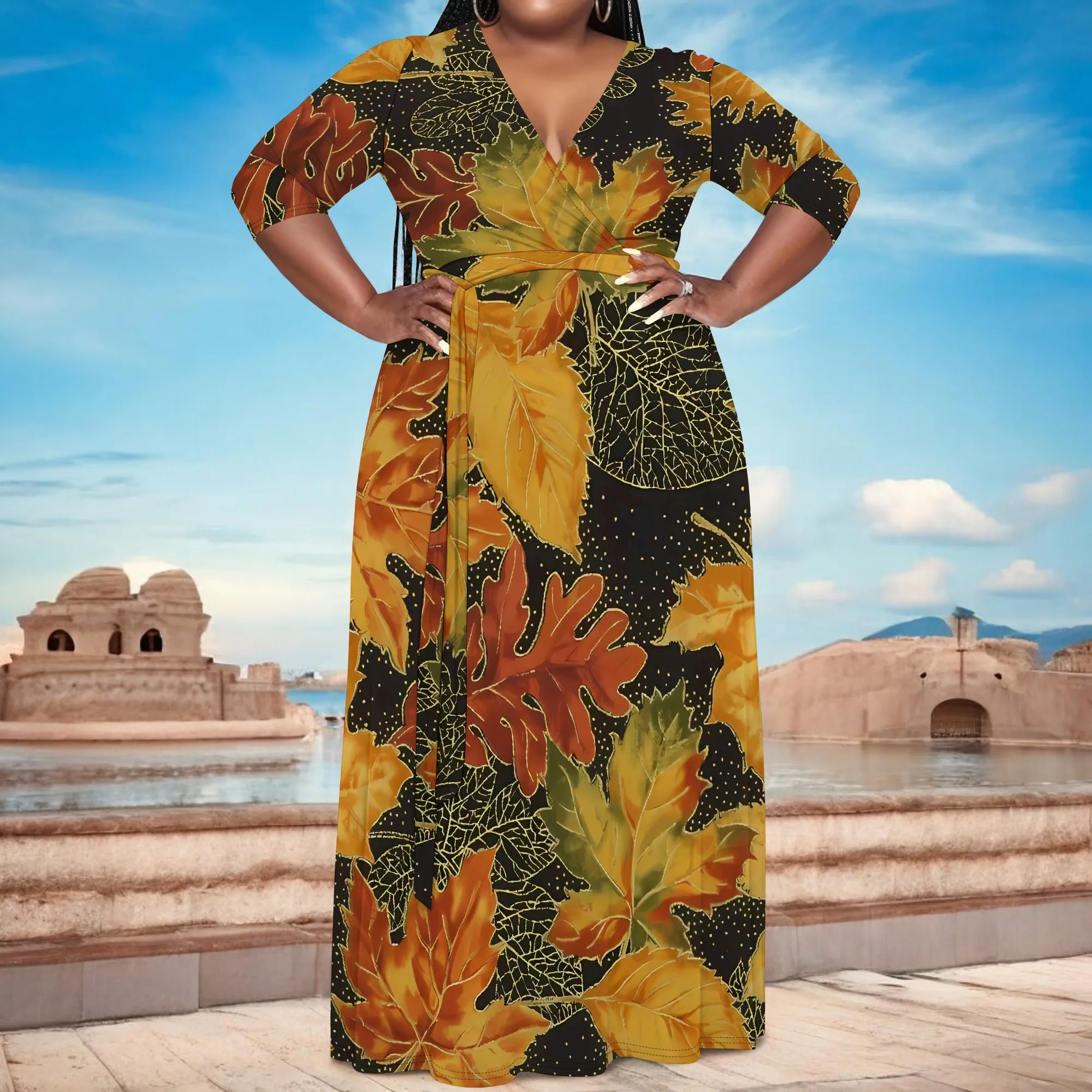 Plus Size Fall Maple Leaf Print V Neck 3/4 Sleeve Wrap Long Dress for Women Holiday Style
Plus Size Fall Maple Leaf Print V Neck 3/4 Sleeve Wrap Long Dress for Women Holiday Style