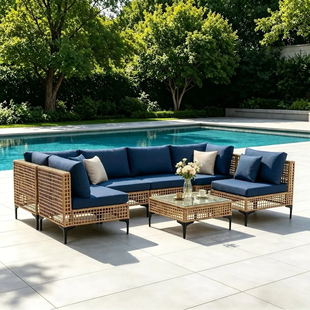 7-Piece Outdoor Sectional Sofa Set with Coffee Table, Bohemian Style Patio Furniture for Deck and Porch, Dark Blue
7-Piece Outdoor Sectional Sofa Set with Coffee Table, Bohemian Style Patio Furniture for Deck and Porch, Dark Blue