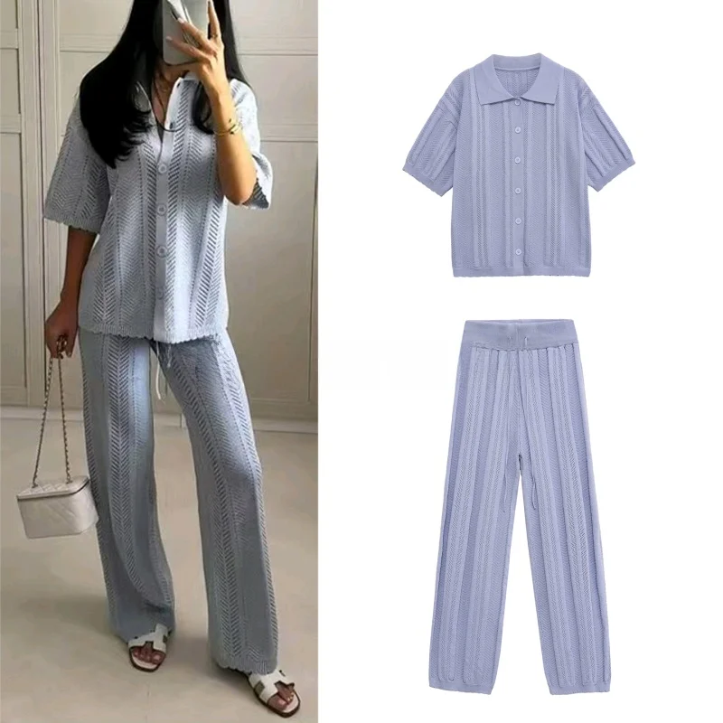New Summer Women's Ins Sle Hollow out irt T-irt Top High Waist Casual Pants Set ort Sve Button up Faion
New Summer Women's Ins Sle Hollow out irt T-irt Top High Waist Casual Pants Set ort Sve Button up Faion