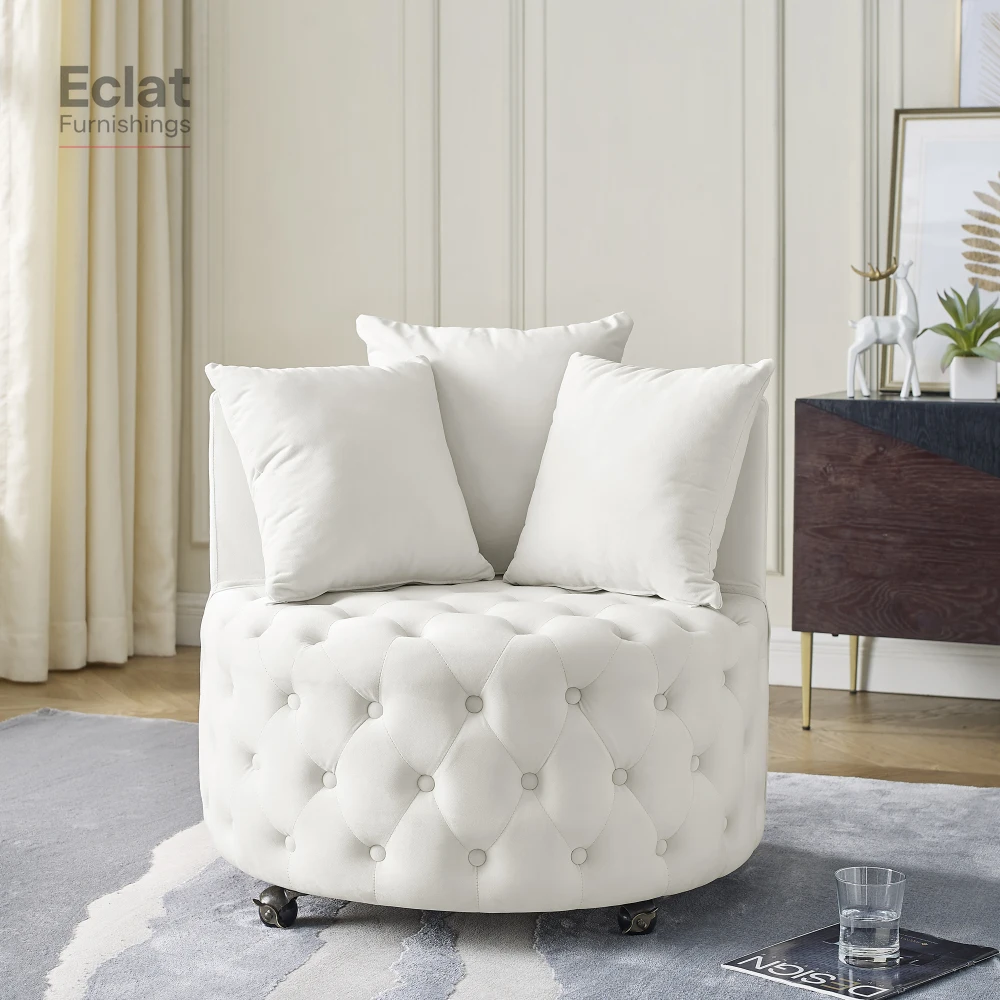 Velvet Upholstered Swivel Chair for Living Room, with Button Tufted Design and Movable Wheels, Including 3 Pillows, Beige
Velvet Upholstered Swivel Chair for Living Room, with Button Tufted Design and Movable Wheels, Including 3 Pillows, Beige