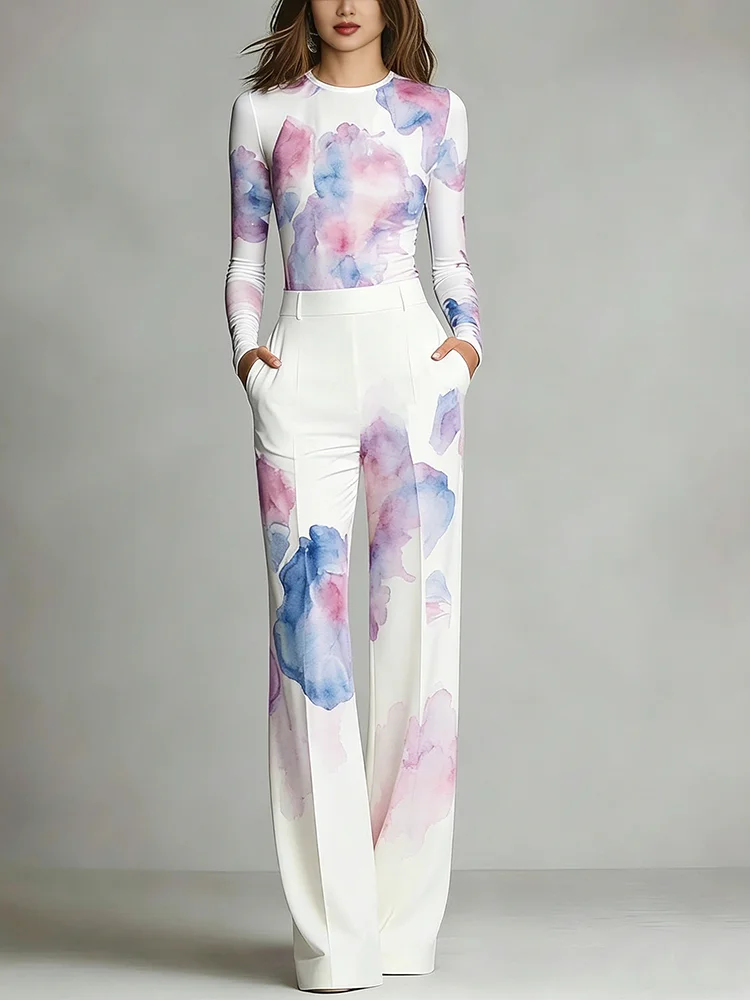 Women's 2 Piece Set Long Sleeve Printed Top Wide Leg Pants With Pockets Blue Ink Wave Floral Elegant Fashion Casual Outfit Set
Women's 2 Piece Set Long Sleeve Printed Top Wide Leg Pants With Pockets Blue Ink Wave Floral Elegant Fashion Casual Outfit Set