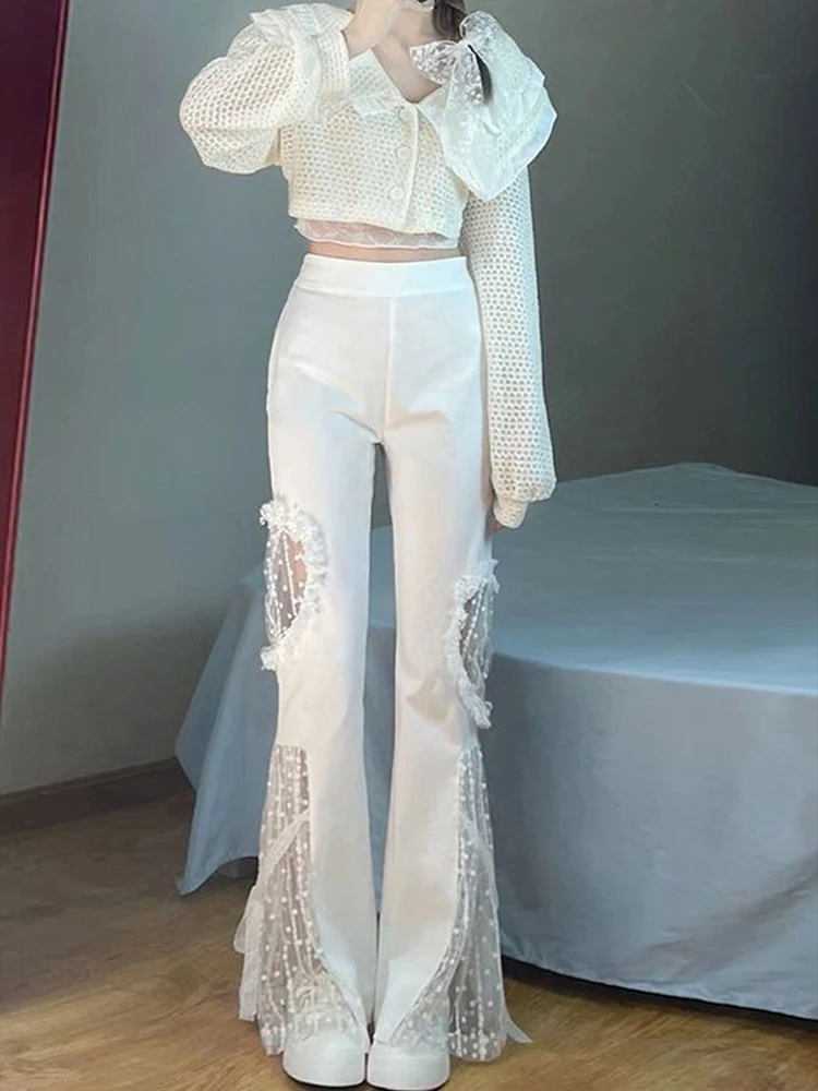 Patchwork Lace Women Pants High Waist Mesh Summer White Designed Hollow Out Female Flare trousers
Patchwork Lace Women Pants High Waist Mesh Summer White Designed Hollow Out Female Flare trousers