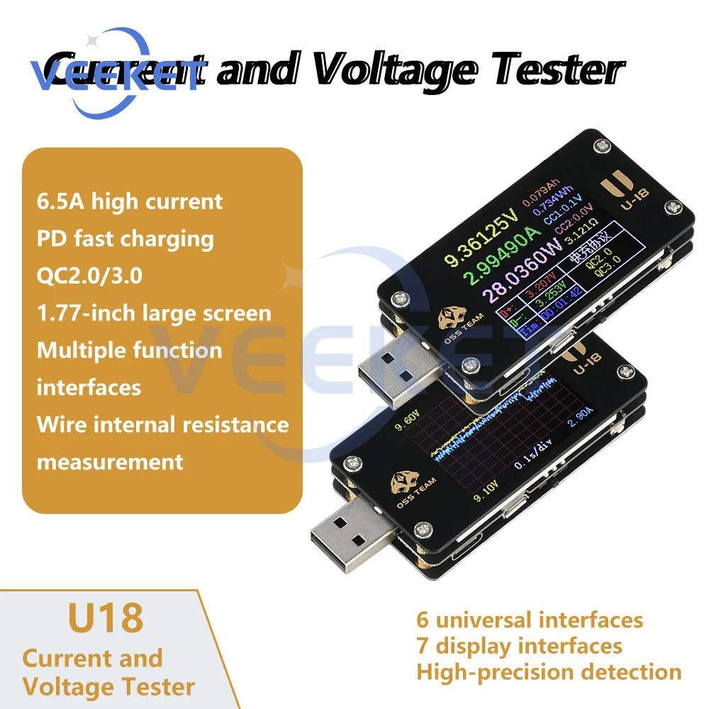 USB Tester Voltmeter Ammeter PD/QC2.0/QC3.0 Fast Charge Detection Voltage Current Capacity Power Tester DC 4-25V 6.5A
USB Tester Voltmeter Ammeter PD/QC2.0/QC3.0 Fast Charge Detection Voltage Current Capacity Power Tester DC 4-25V 6.5A