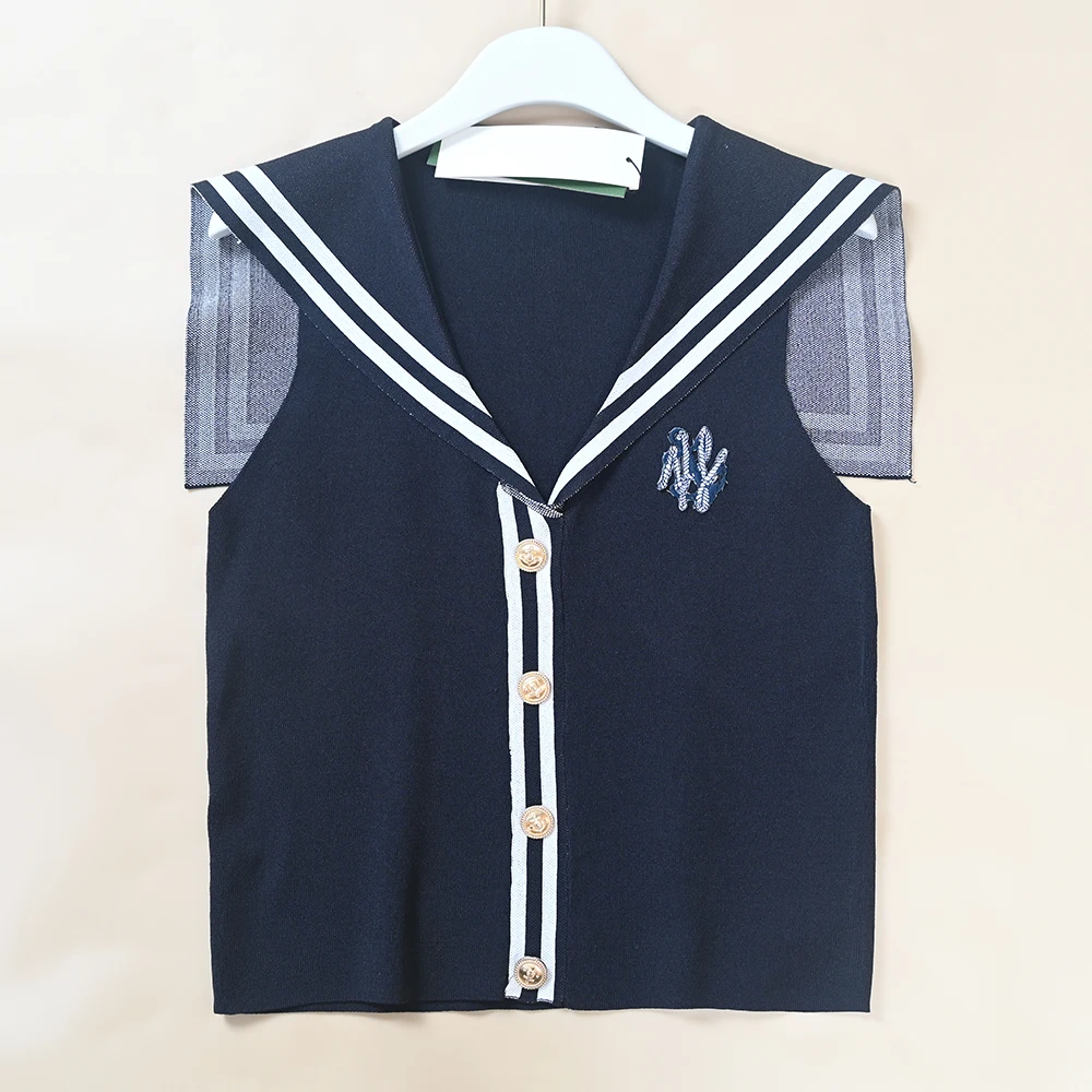 New Style Women's Short Sleeveless Navy Collar Knitted Vest Color Block Light Luxury Fashion Summer Wear Button up Top
New Style Women's Short Sleeveless Navy Collar Knitted Vest Color Block Light Luxury Fashion Summer Wear Button up Top