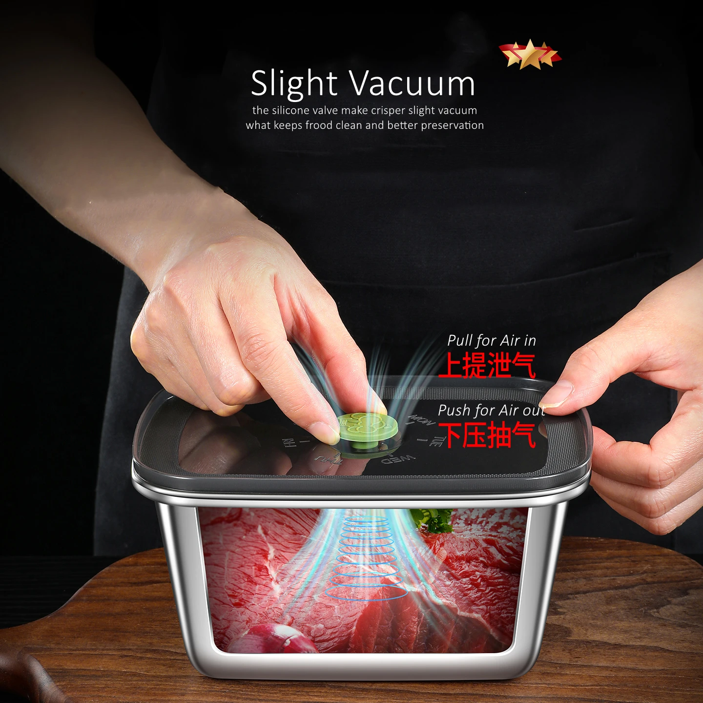 Air Out Slight Vacuum Food Preservation Box 500ml~1600ml LFGB Certification 304 Stainless Steel Fridge Meat Fruit Storage Case
Air Out Slight Vacuum Food Preservation Box 500ml~1600ml LFGB Certification 304 Stainless Steel Fridge Meat Fruit Storage Case
