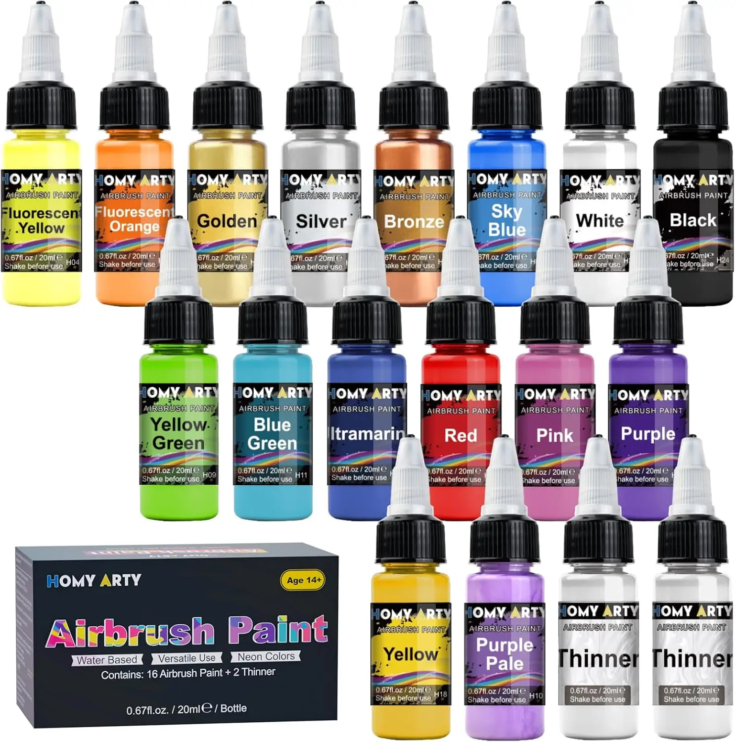 16-Color Acrylic Airbrush Paint Set with 2 Thinner, Water-Based, Ready to Spray for Models, Canvas, Wood, Metal - 18 Bottles
16-Color Acrylic Airbrush Paint Set with 2 Thinner, Water-Based, Ready to Spray for Models, Canvas, Wood, Metal - 18 Bottles