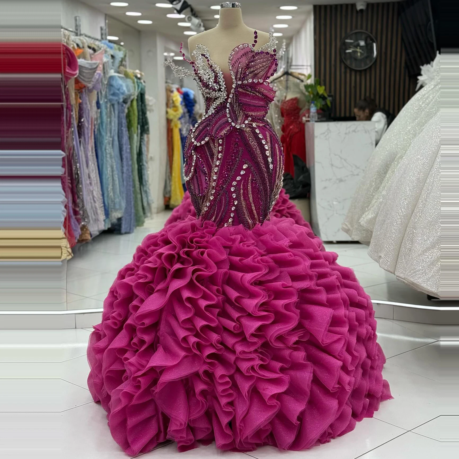 New Luxury Strapless Fuchsia Mermaid Evening Dress Sleeveless Crystal Beaded Ruffle Tiered Prom Dress Birthday Party Customized
New Luxury Strapless Fuchsia Mermaid Evening Dress Sleeveless Crystal Beaded Ruffle Tiered Prom Dress Birthday Party Customized