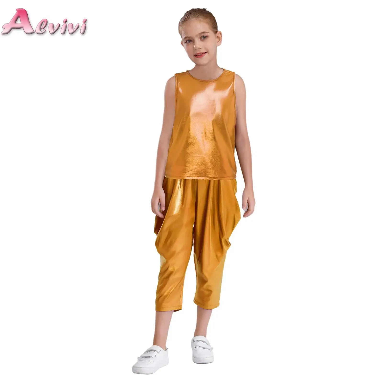 Kids Girls Shiny Metallic Jazz Hip Hop Dance Disco Rave Party Stage Performance Costume Sleeveless Crop Top with Cropped Pants
Kids Girls Shiny Metallic Jazz Hip Hop Dance Disco Rave Party Stage Performance Costume Sleeveless Crop Top with Cropped Pants