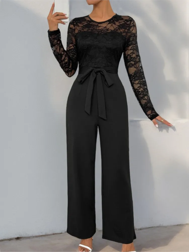 Fashion Solid Color Round Neck Hollowed Out Long Sleeved New Jumpsuit Women's Lace Patchwork Zipper Tie Casual Loose Jumpsuit
Fashion Solid Color Round Neck Hollowed Out Long Sleeved New Jumpsuit Women's Lace Patchwork Zipper Tie Casual Loose Jumpsuit