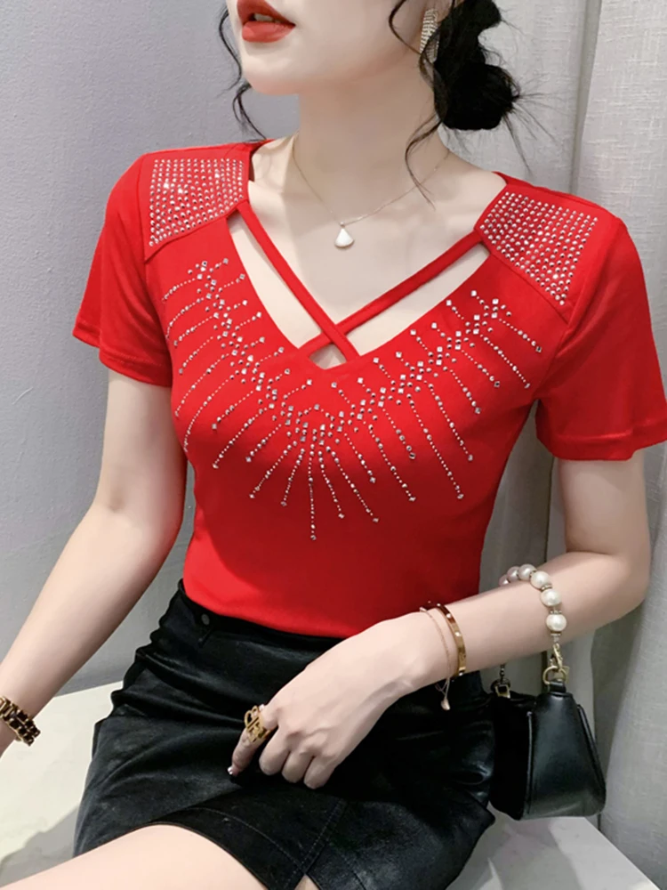 Сексуальная женская футболка с вырезом V-Ne Me ort Sve Summer Faion European Sle Heavy Embellied, модный топ для похудения 
Сексуальная женская футболка с вырезом V-Ne Me ort Sve Summer Faion European Sle Heavy Embellied, модный топ для похудения