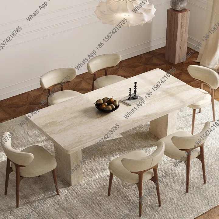 French retro travertine rock slab dining table and chair combination modern home medieval dining table designer
French retro travertine rock slab dining table and chair combination modern home medieval dining table designer