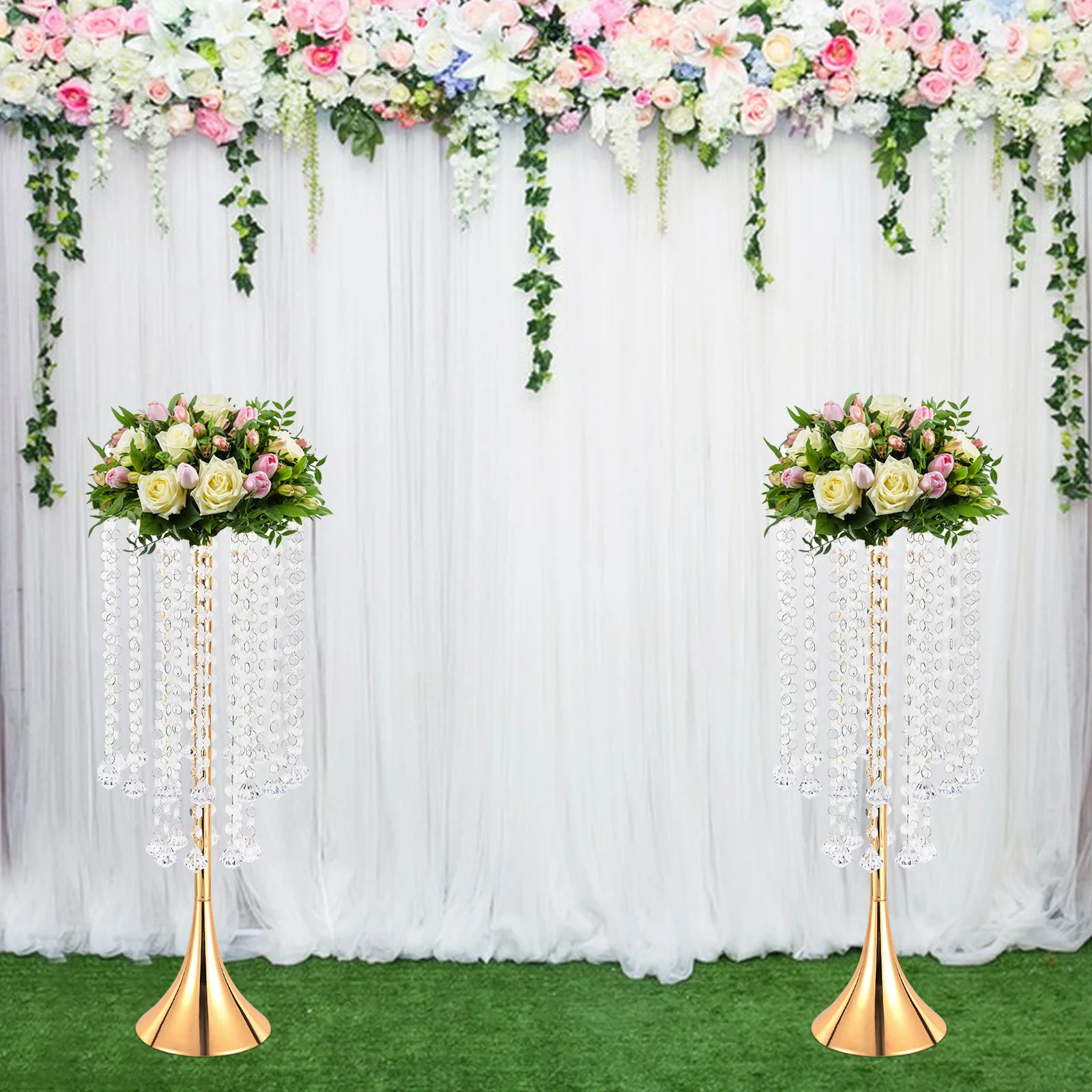 2 Pieces 55.6cm Gold Vase with Crystal Tassels Banquet Table Top Decorative Flower Base High Load-bearing Display Stand 
2 Pieces 55.6cm Gold Vase with Crystal Tassels Banquet Table Top Decorative Flower Base High Load-bearing Display Stand