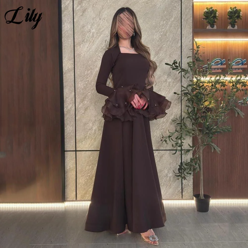 Lily Brown Party Dresses Square Neck Evening Dresses Ruffled Bell Sleeves فساتين السهرة with Pearl Studs Customized
Lily Brown Party Dresses Square Neck Evening Dresses Ruffled Bell Sleeves فساتين السهرة with Pearl Studs Customized