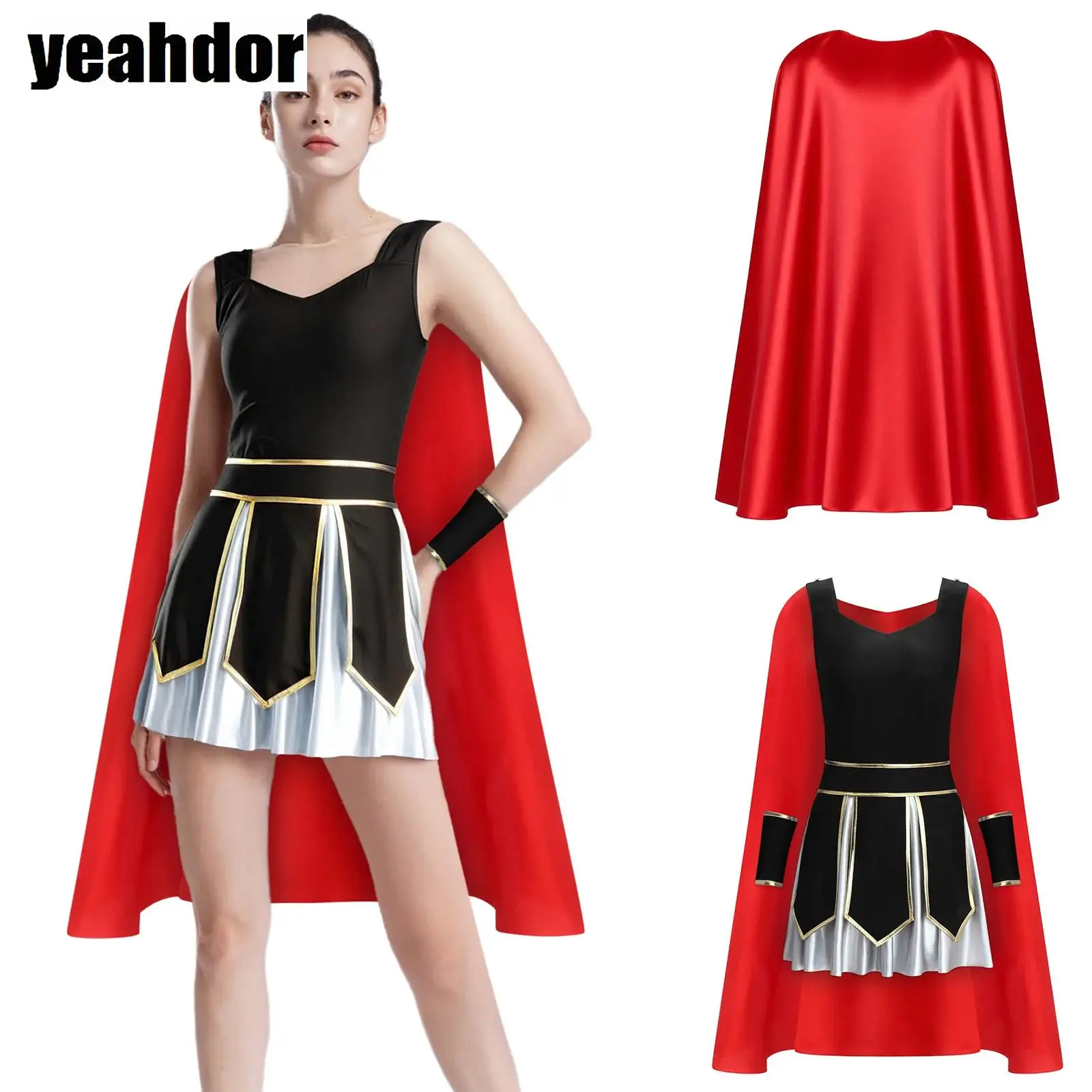 Women Roman Warriors Costume Halloween Cosplay Gladiator Outfit V-Neck Sleeveless Dress Robe with Satin Cape Cuffs Dress Up Set
Women Roman Warriors Costume Halloween Cosplay Gladiator Outfit V-Neck Sleeveless Dress Robe with Satin Cape Cuffs Dress Up Set
