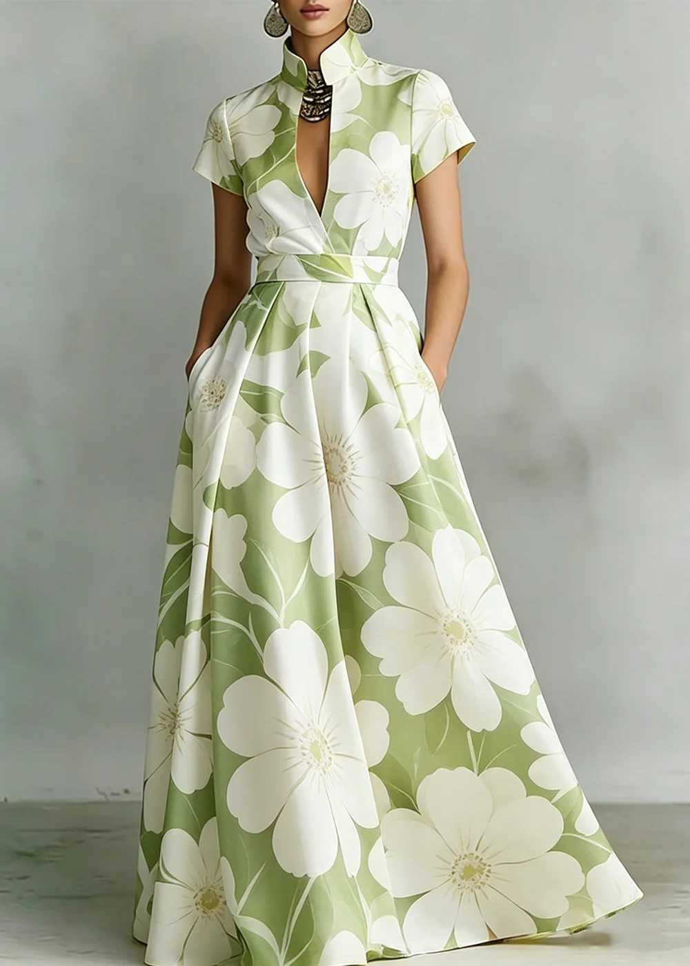 Women's Elegant Maxi Dress Stand Collar Green Big White Floral Print Short Sleeve Pocket Summer Vacation Everyday Party Dress
Women's Elegant Maxi Dress Stand Collar Green Big White Floral Print Short Sleeve Pocket Summer Vacation Everyday Party Dress
