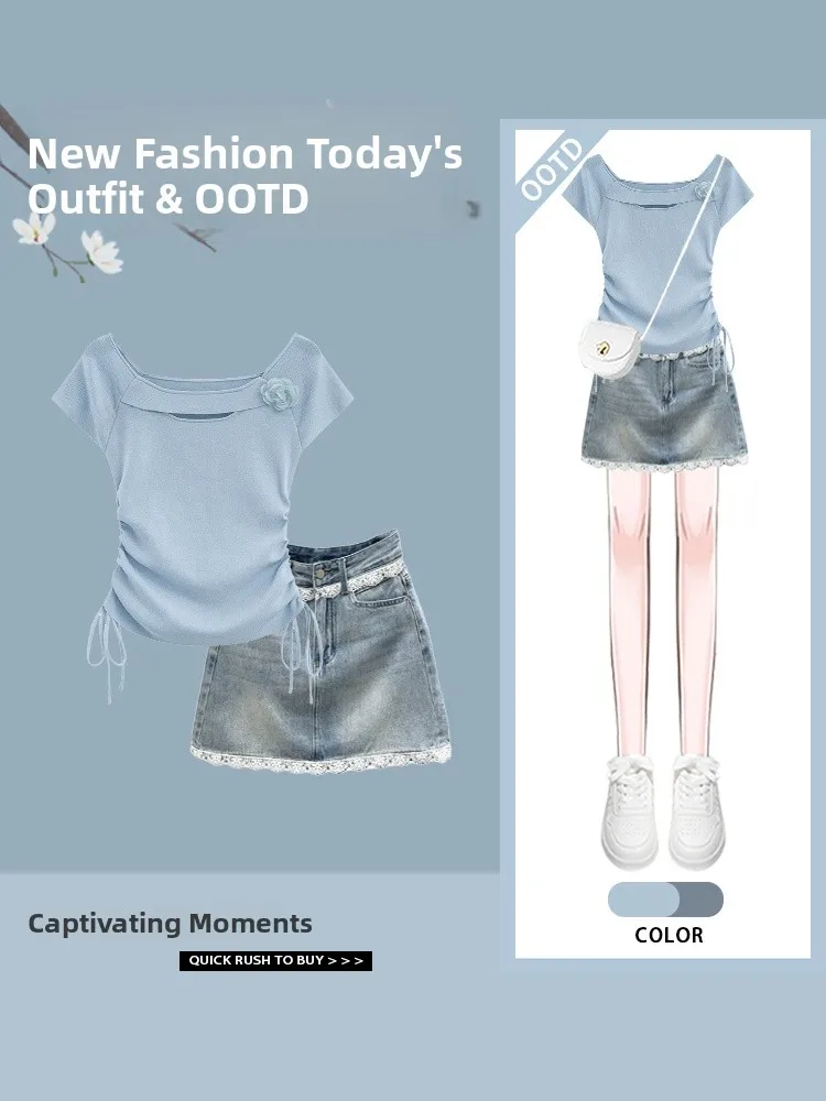 Slimming Floral Embellished Short Sleeve Top And Denim Skirt Set Lace Design High Waist Construction Summer Fashionable
Slimming Floral Embellished Short Sleeve Top And Denim Skirt Set Lace Design High Waist Construction Summer Fashionable